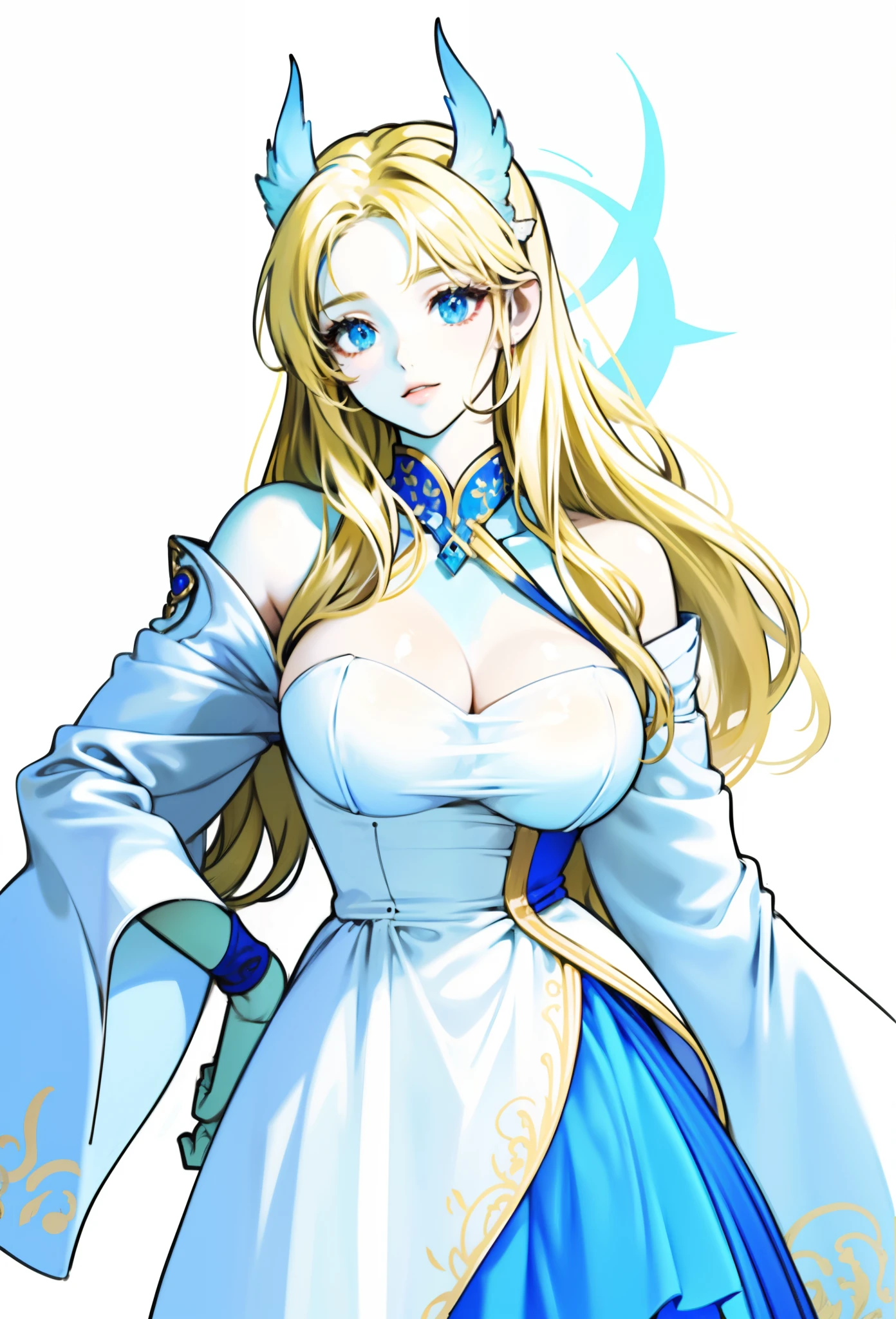 8K,High quality,Anime,married woman,Beautiful,clean,Bright,highlight in eyes,Sexy,ultra gigantic tits,oversized tits,Erotic,Well drawn,,beautiful line art. Blue skin, well-drawn ears, Blue and orange gradient fins, Blue , Blue , Painted from head to waist, Nothing on, Nothing is worn、Nothing is worn、The background is the sea、Blue skin、a blond、