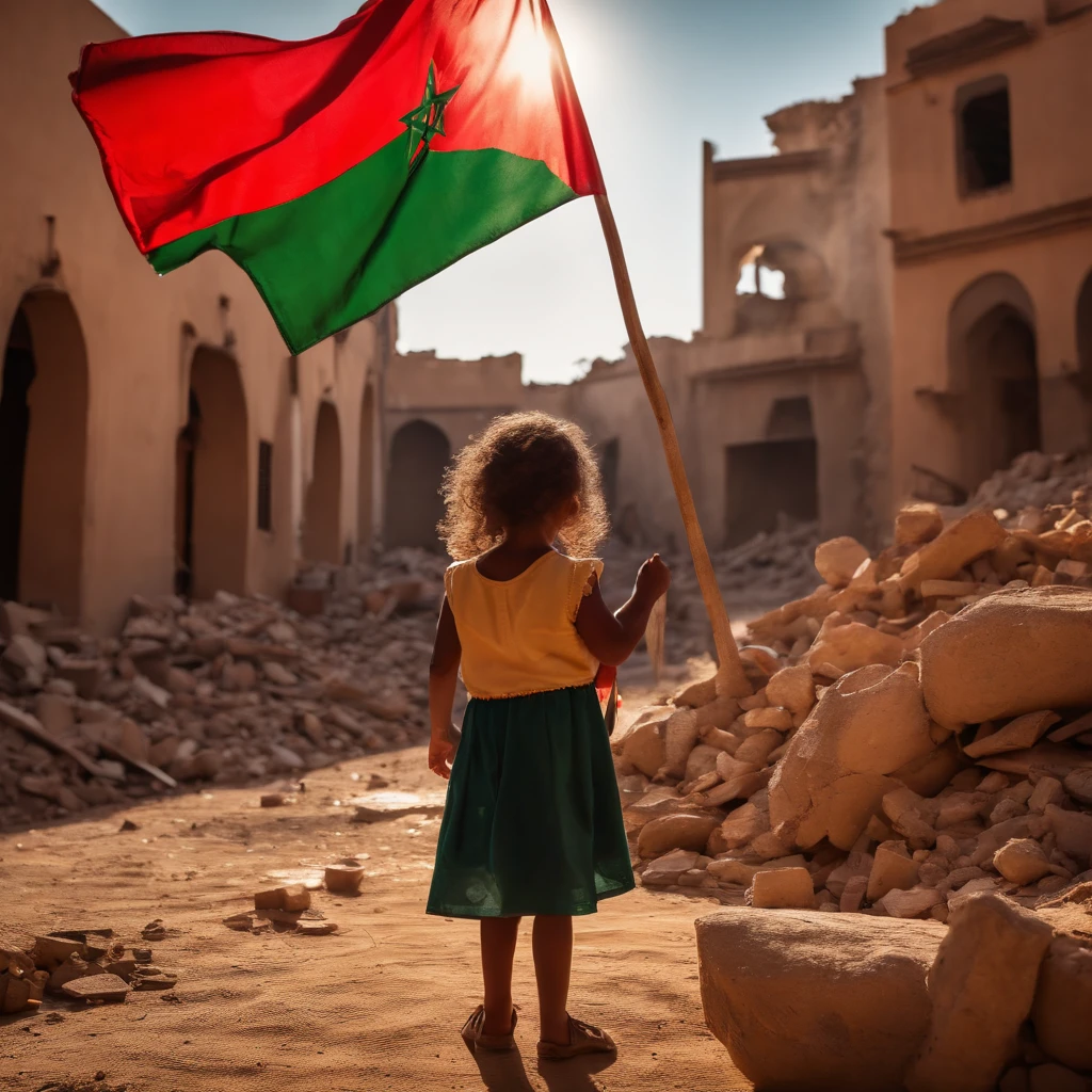 Palestine earthquake, one  from behind waving Palestine flag looking at rubble and destruction, somber, hope, (masterpiece:1.1) (best quality) (detailed) (intricate) (8k) (HDR) (cinematic lighting) (sharp focus:1.1)