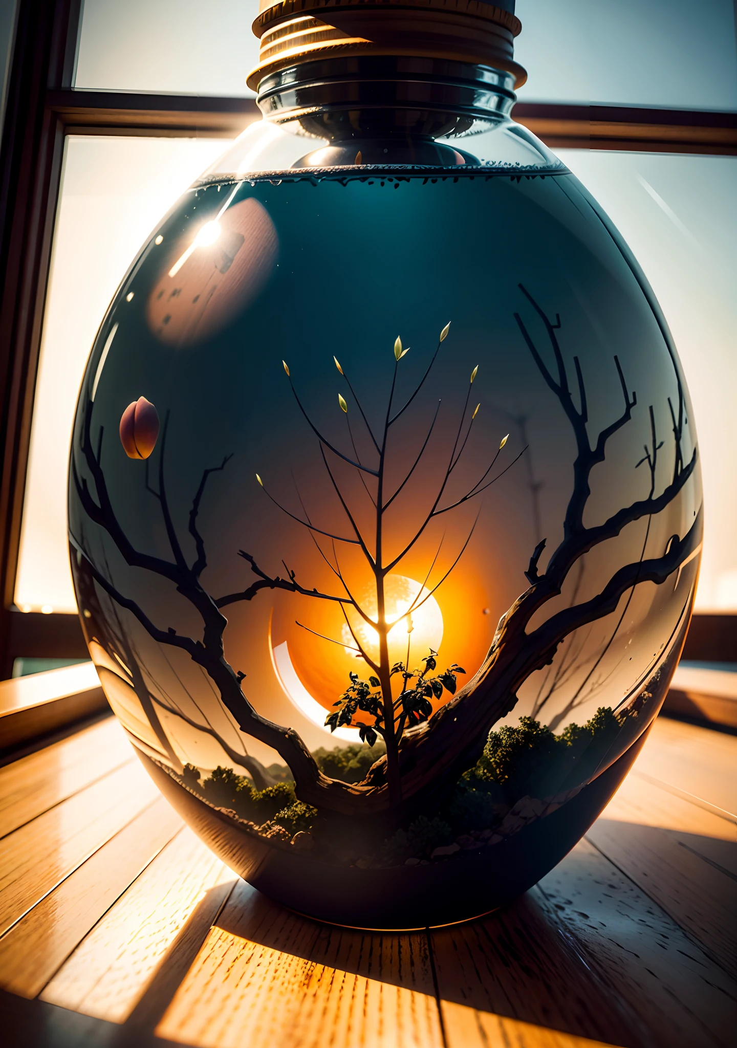 Inside the glass bottle is a peach tree，Frontal photo，Photographic grade，Dynamic surrealism, High detail, cubismo, god light, Vignetting, Glowing light, hyper HD, Masterpiece, ccurate, Super detail, High details, High quality, Best quality, A high resolution, 8K