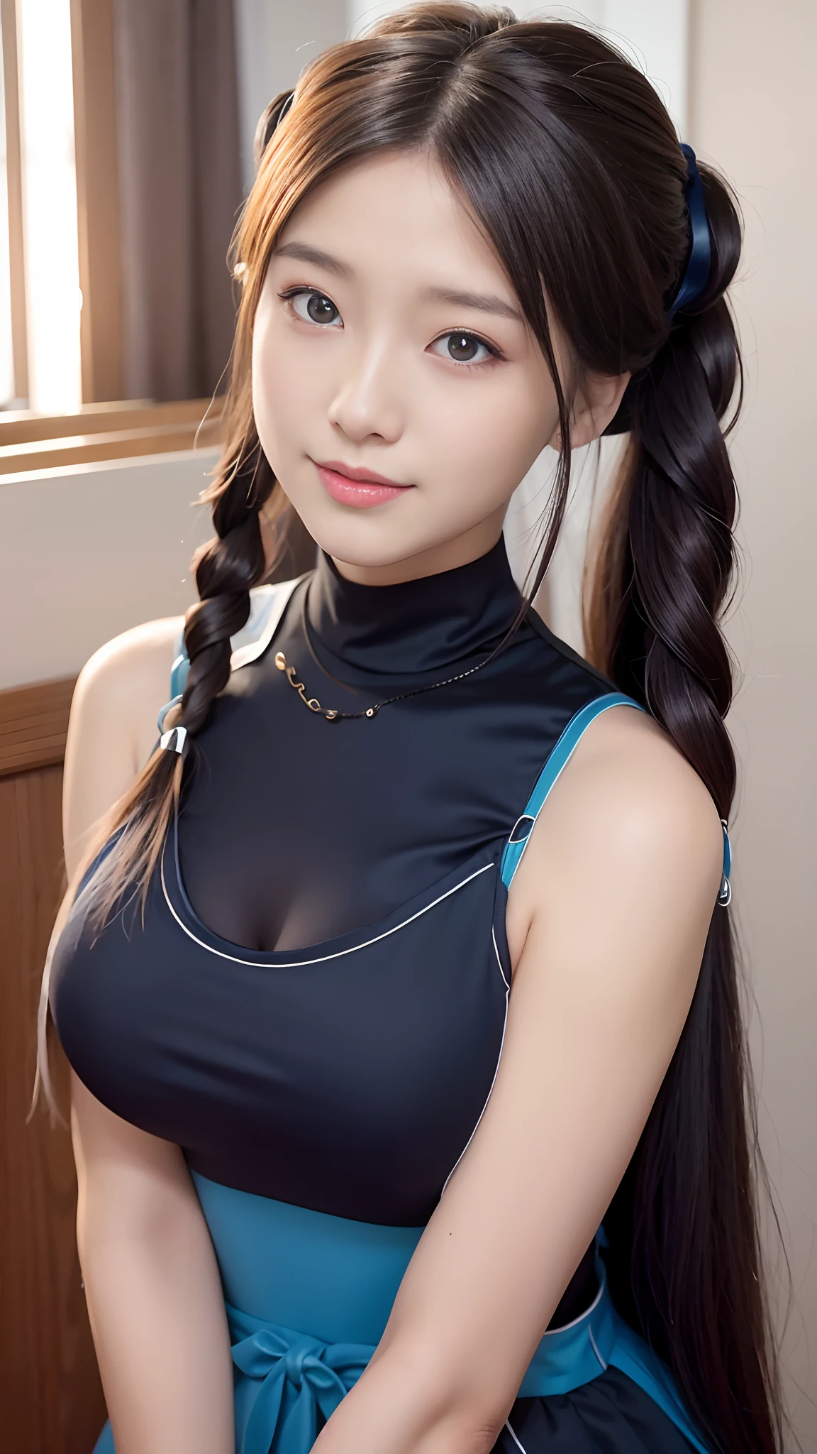 work of art, 4K, detailded, extreme detailded, High definition, cowboy shot, (1 girl), (standing alone), (darkskin), darkskin, (glass eyes,18-years old, white sweater, Off The Shoulder, sleeveless, tummy, medium chest, short black hair, (two braids), short two braids, (two braids médias no cabelo), greeneyes, strong build, athletic body, jeans, (high qualiy), (High definition), (very detailded) ), curly hair, waist long, a little chubby