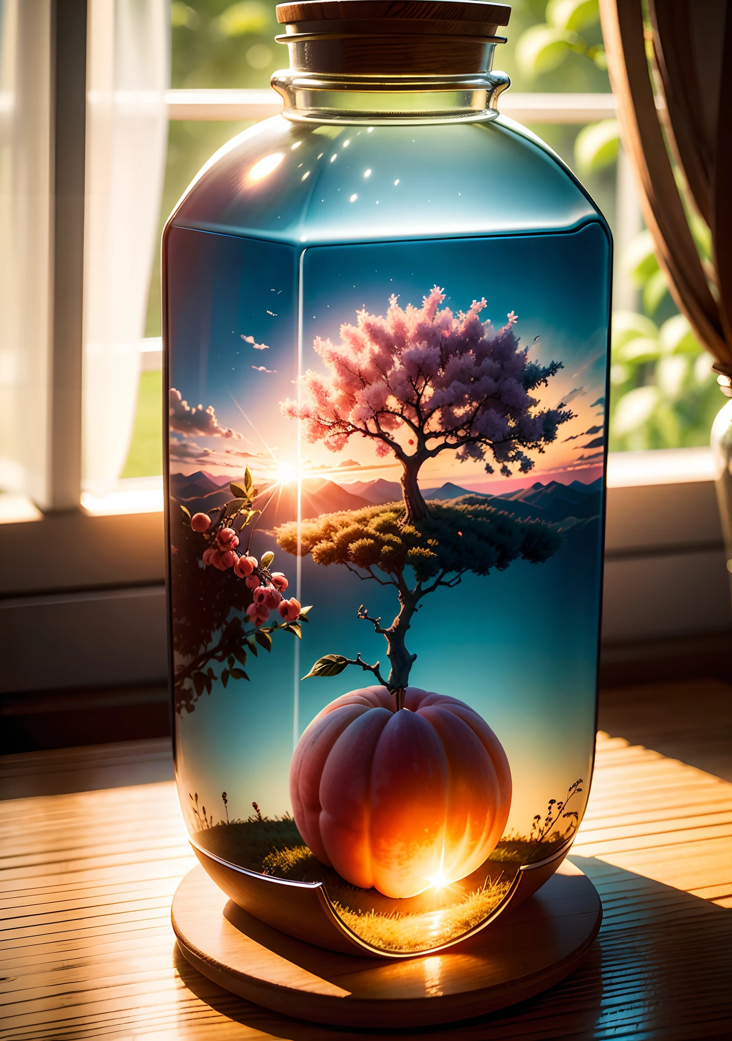 Inside the glass bottle is a peach tree，Frontal photo，Photographic grade，Dynamic surrealism, High detail, cubismo, god light, Vignetting, Glowing light, hyper HD, Masterpiece, ccurate, Super detail, High details, High quality, Best quality, A high resolution, 8K