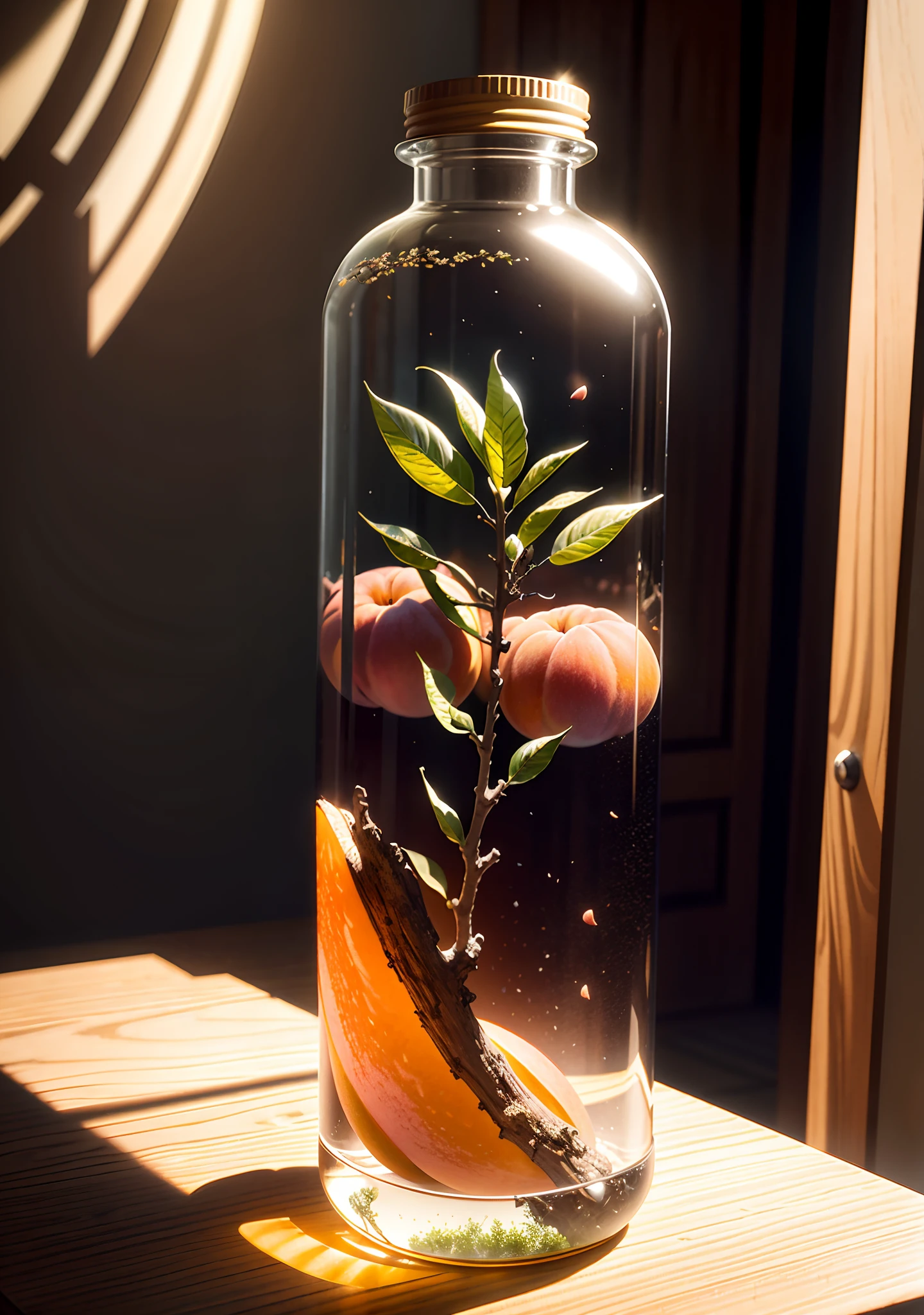 Inside the glass bottle is a peach tree,Frontal photo,Photographic grade,Dynamic surrealism, High detail, cubismo, god light, Vignetting, Glowing light, hyper HD, Masterpiece, ccurate, Super detail, High details, High quality, Best quality, A high resolution, 8K