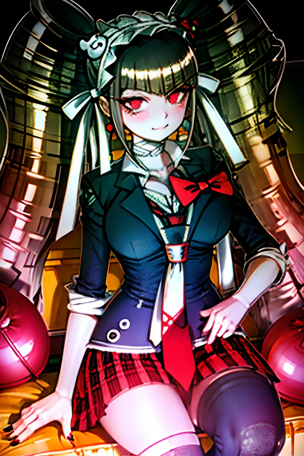 Celestia, blonde long hair, 1girl, twintails, solo, breasts, red eyes, cleavage, collarbone, large breasts, bangs, blush, closed mouth, smirk, looking at viewer, upper body, bear hair ornament, nail polish, red nails, red bow, black shirt, underwear, choker, black bra, sleeves rolled up, white necktie, pleated plaid red skirt, school uniform, black cross-laced knee boots, shiny, shiny hair, botw style,