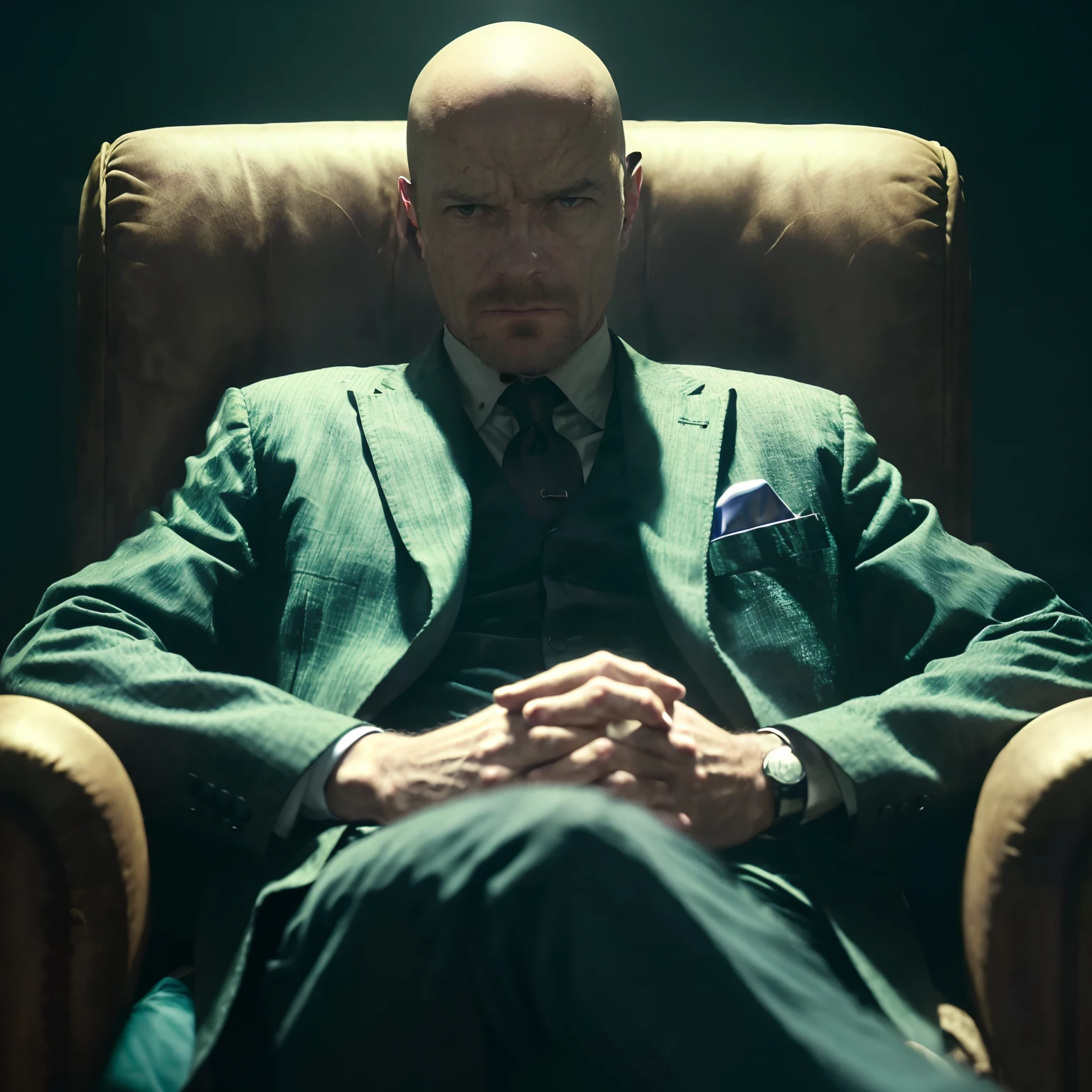 arafed man in a suit sitting in a chair with his hands folded, hitman, agent 47 in a scene from naruto, bald head and menacing look, cinematic full shot, shot from cinematic, cinematic shot!, cinematic shot, highly cinematic, bald man, cinematic close shot, detailed cinematic shot, in his suit, ps5 cinematic screen capture, very cinematic