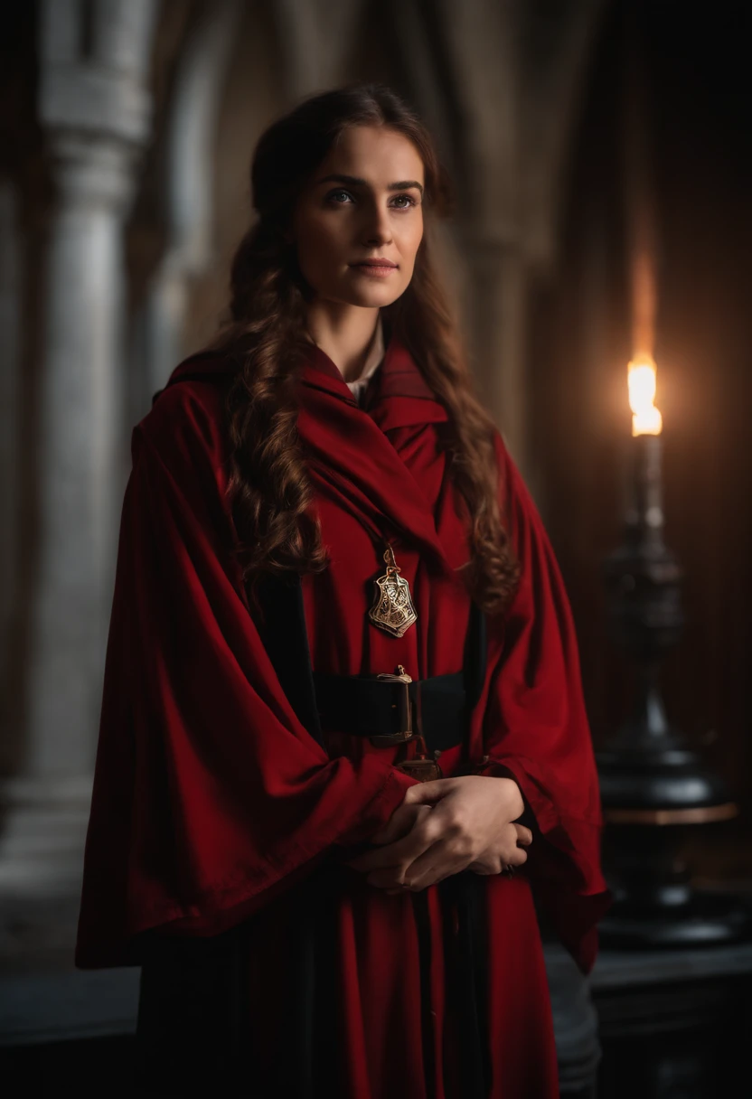 Arad woman in Harry Potter robes(((medium close-up))),1girl in,8K, Raw photography, top-quality, masterpiece, realisitic,Robes,wearing black wizard robes, Gryffindor, magic school uniform, wearing robes and neckties, hogwarts style, wearing red sorcerer's robes, High quality clothing, (Canon EOS 5D Mark IV Camera, Famous for capturing vibrant colors and rich textures:1.2)