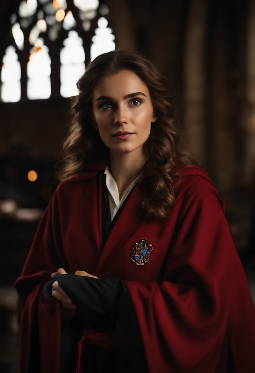 Arad woman in Harry Potter robes(((medium close-up))),1girl in,8K, Raw photography, top-quality, masterpiece, realisitic,Robes,wearing black wizard robes, Gryffindor, magic school uniform, wearing robes and neckties, hogwarts style, wearing red sorcerer's robes, High quality clothing, (Canon EOS 5D Mark IV Camera, Famous for capturing vibrant colors and rich textures:1.2)