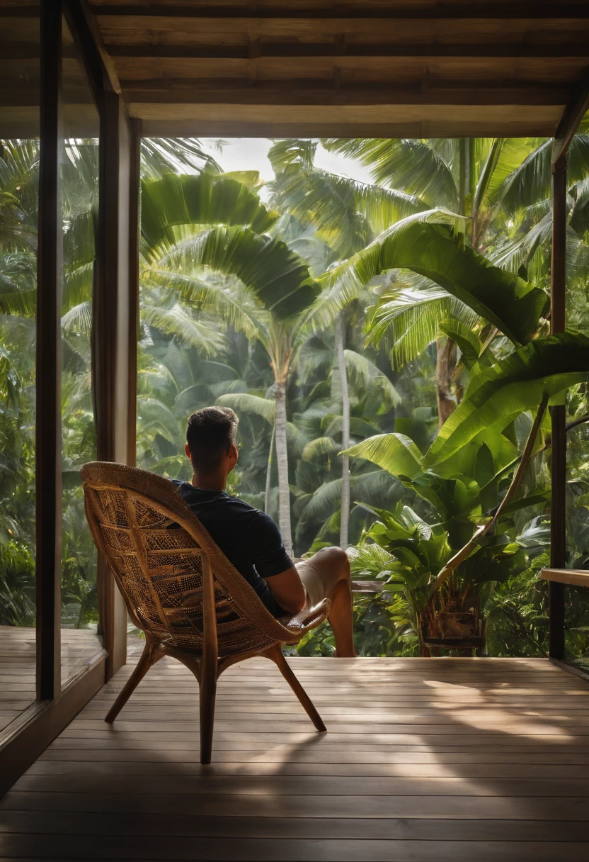 A thin man lying in a brown hammock with a horizontal frizer behind him on a colonial balcony with a cement floor and a coconut tree right in front