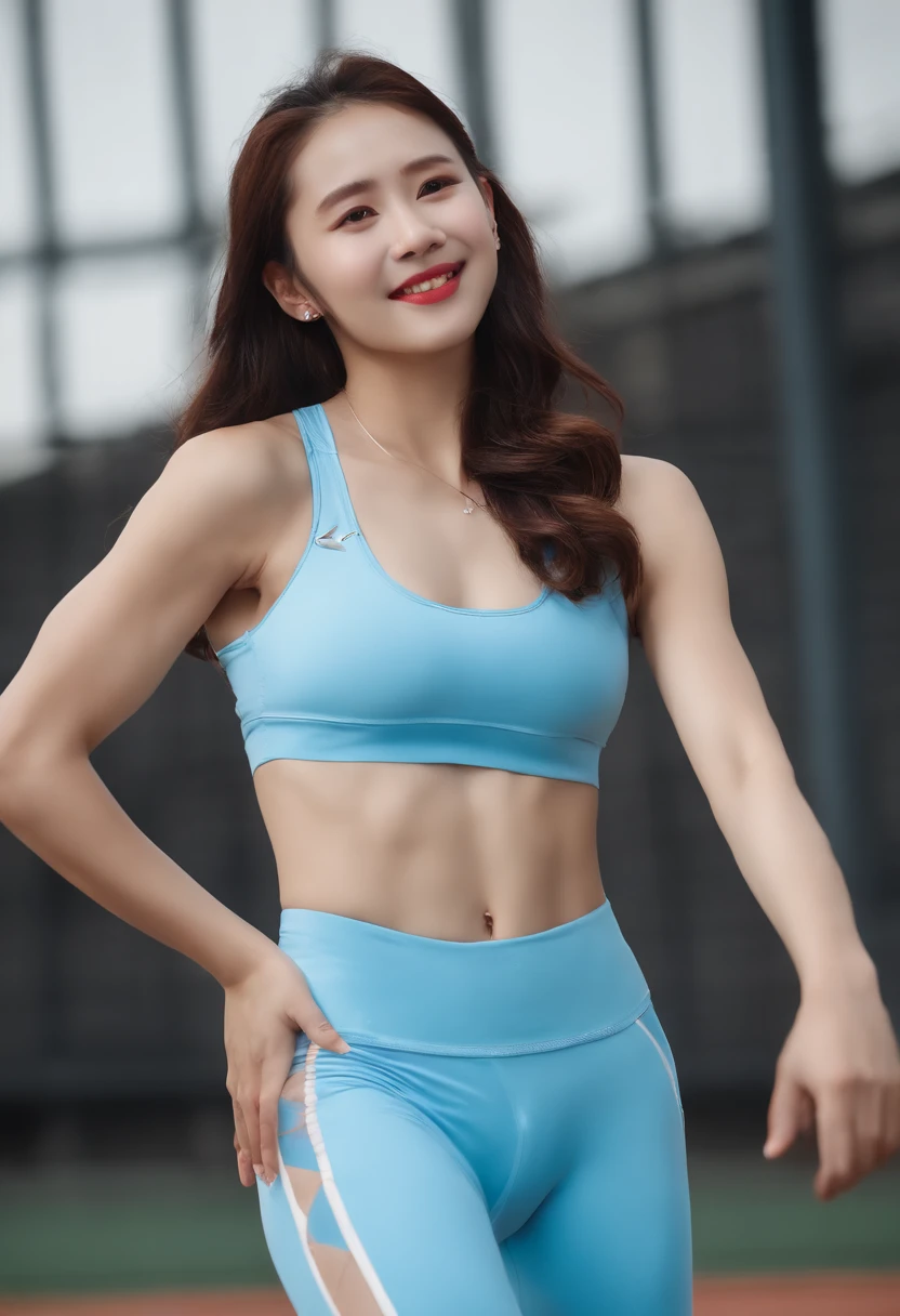 ((pose for photo、Under the tecateca armpits、Armpit、armpit pose、Armpit、Armpit、Light illuminating the armpits、Shine a light in the armpits、masterpiece, Top image quality, hight resolution, Wrinkles under the armpits:1.6、slimy armpits、独奏、Sweaty face、no-bra、small tits、Blue color athletics sleeveless uniform、track and field athlete、high-ponytail Hairstyle、Locker Room、dress room、no-bra、Upper body only、Armpit Light、Armpit hairy、Armpit hair、Armpit hair、Blue eyes、Detailed wrinkles in the armpits、realistic armpit、Tecateca armpits、Glossy armpits、Oiled shiny armpits、Oiled shiny armpits、slimy armpits))、Stand straight at us、Raise both hands、Latina, puberty, Sweaty face、red lipsticks、Athletics Stadium Locker Room、独奏、I'm looking at the armpits、Navel is visible、Navel