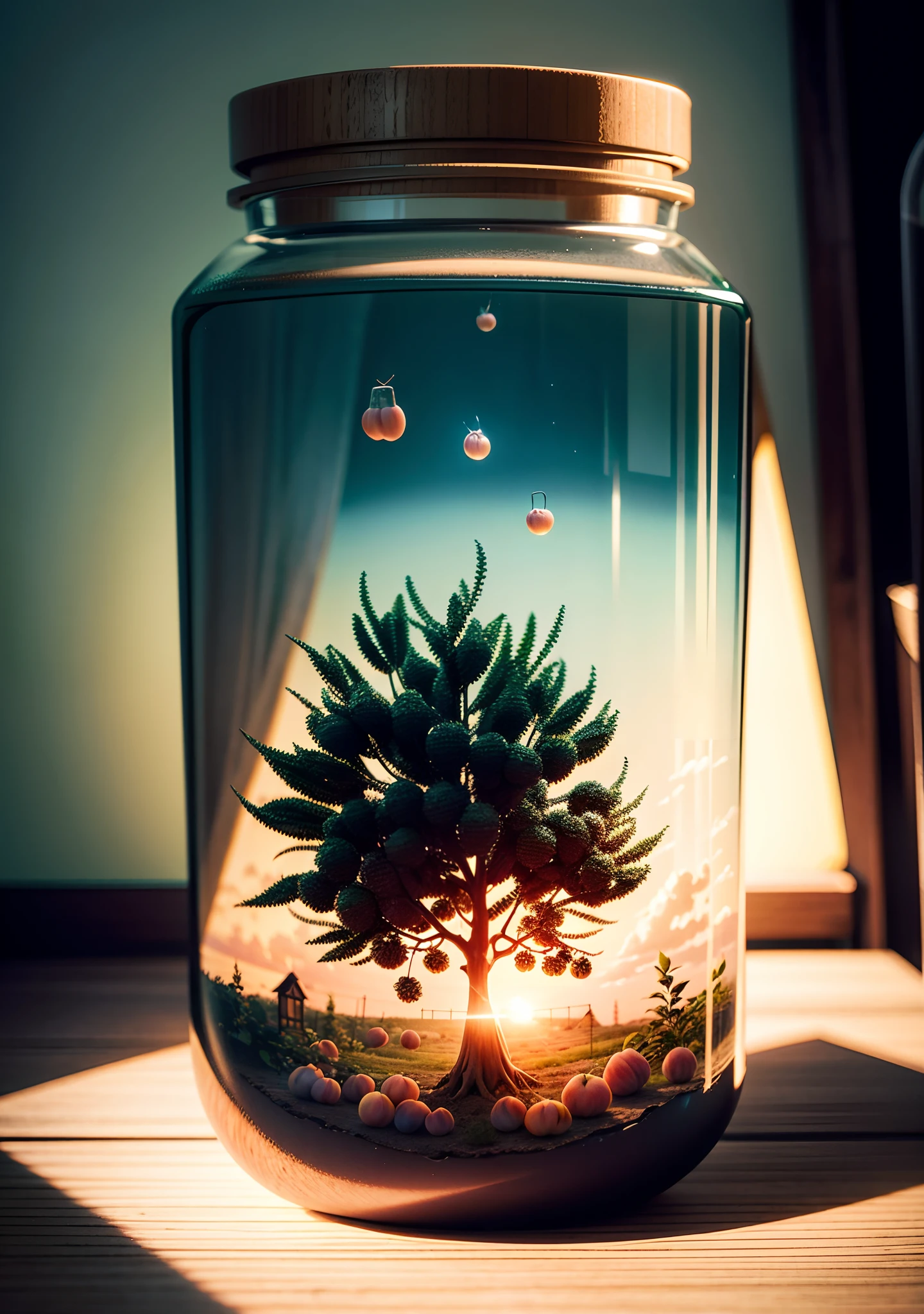 Inside the glass bottle is a peach tree，Frontal photo，Photographic grade，Dynamic surrealism, High detail, cubismo, god light, Vignetting, Glowing light, hyper HD, Masterpiece, ccurate, Super detail, High details, High quality, Best quality, A high resolution, 8K