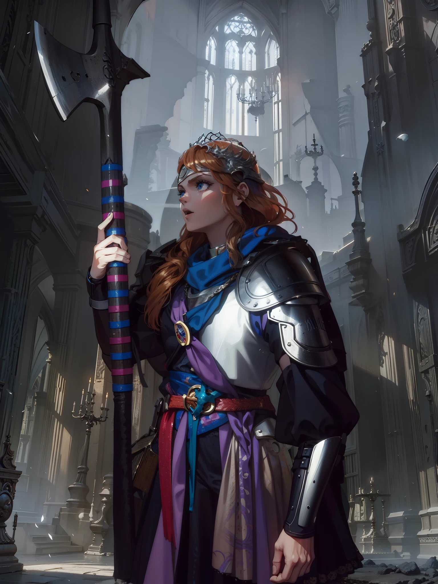 Jovem mulher, nordic queen,ruiva pele branca, segurando um grande machado , olhos azuis,4k, armadura prata de metal