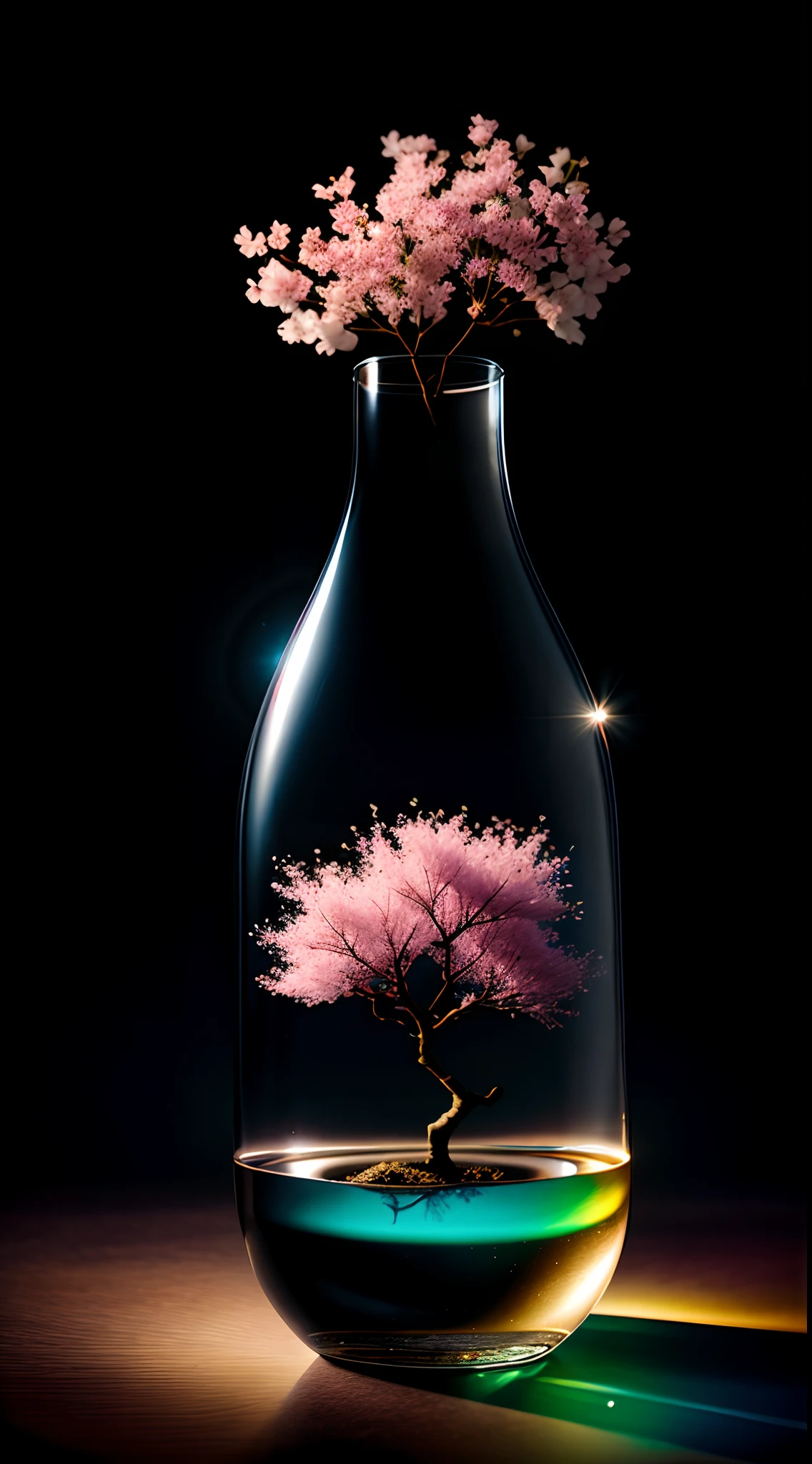 Cherry blossom tree in a bottle, Fluffy, Realistic, Atmospheric light refraction, author:Lee Jeffries Nikon D850 Film Stock Photo 4 Kodaport 400 Camera F1.6 Shots rich colors Ultra-realistic realistic textures Dramatic lighting Trends on Unreal Engine ArtStation CineStill 800, Style-Glass