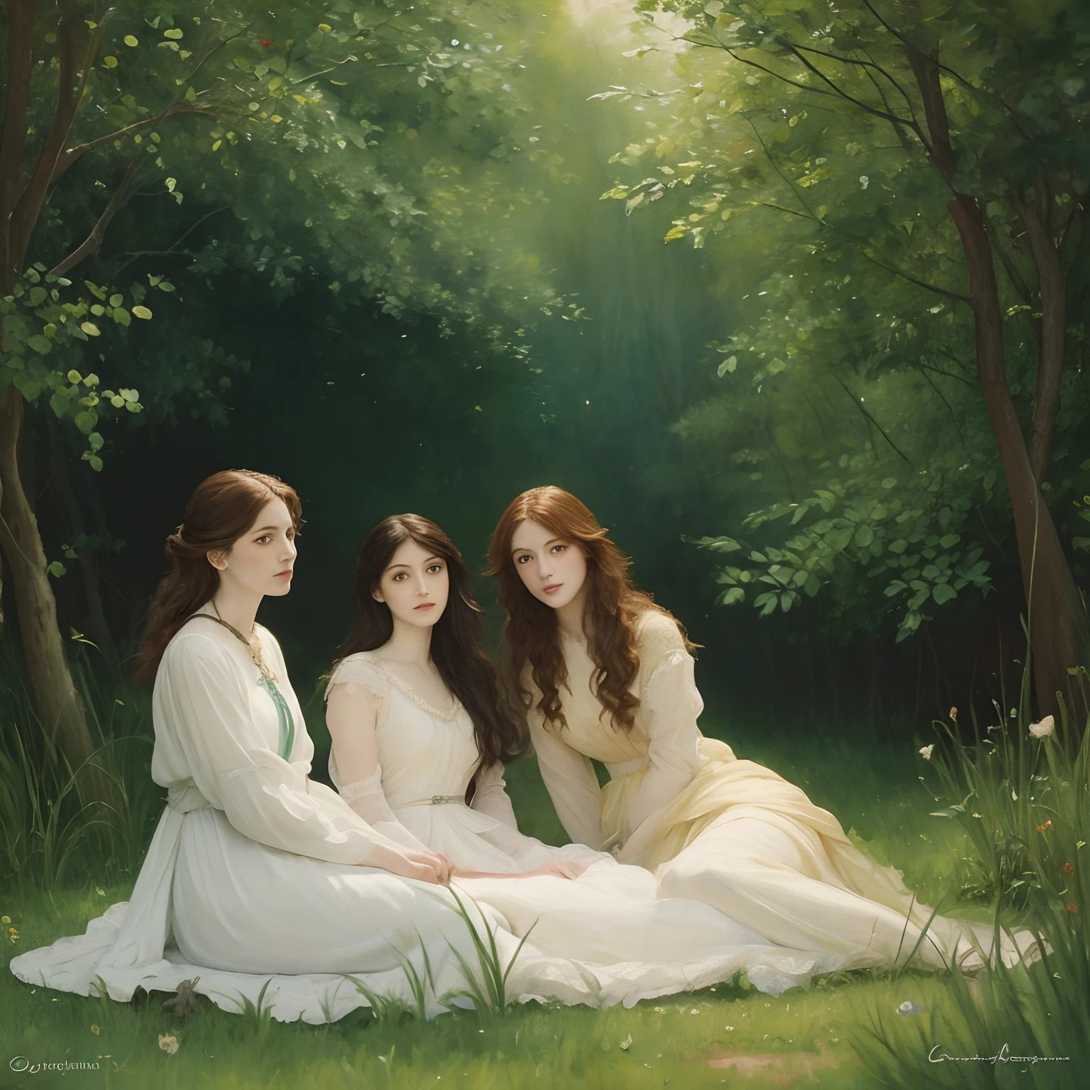 ((Watercolor by Sargent))、(top-quality、masterpiece)、softlight、There are two women sitting on a bench near a body of water, magali villeneuve and monet, pre - raphaelites style, pre - raphaelite beautiful, pre-raphaelite oil painting, pre-raphaelite style, pre - raphaelite style, inspired by Edmund Leighton, Pre-Raphaelite paintings, Paintings of Raphael Maestone, preraphaelite style