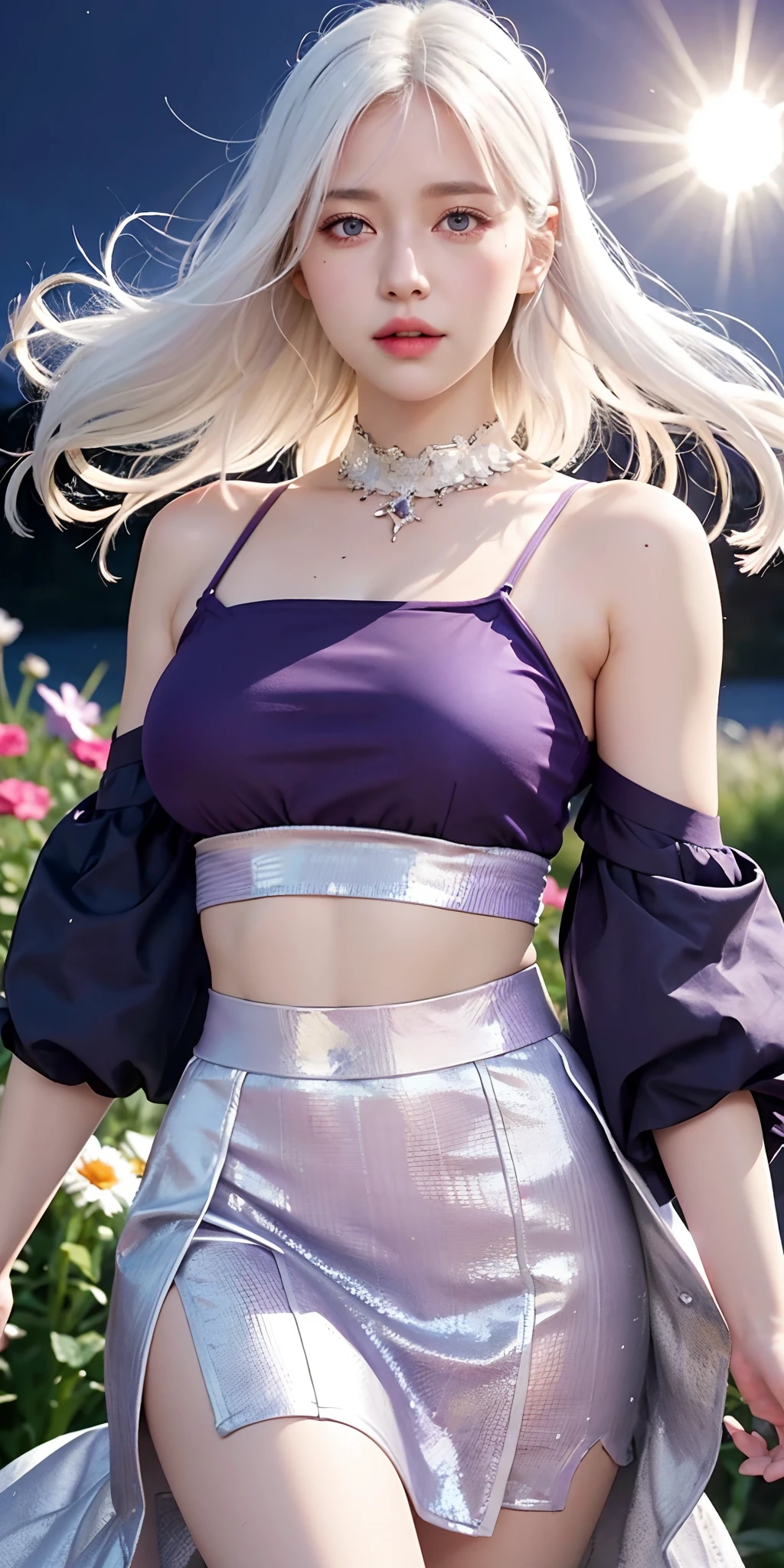 realistic, 1girl, white hair, purple eyes, glowing eyes, crop top, skirt, parted lips, blush, night, flowers, sun, sunlight,