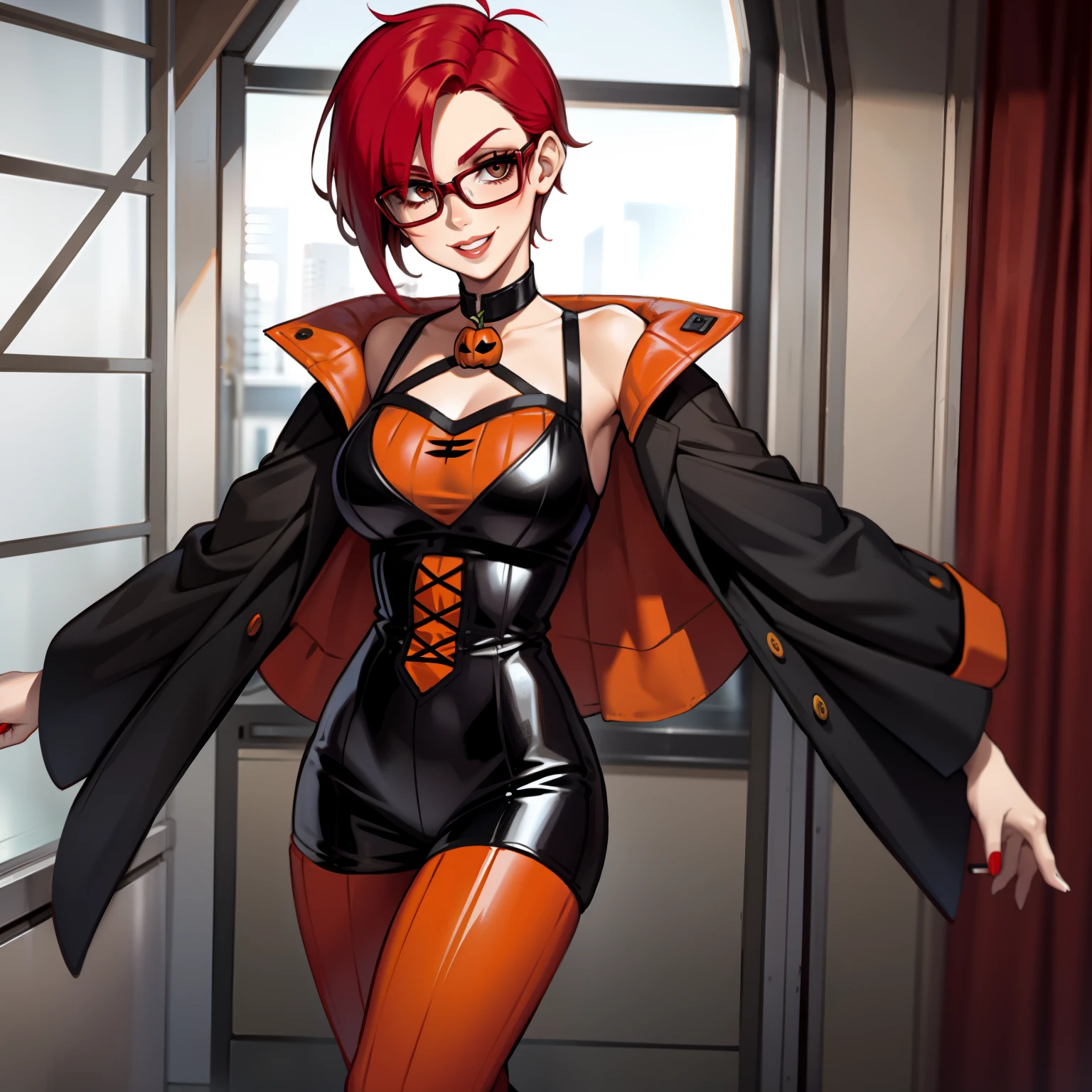 female with short short shaved bright red hair, wearing halloween themed outfit, wearing glasses