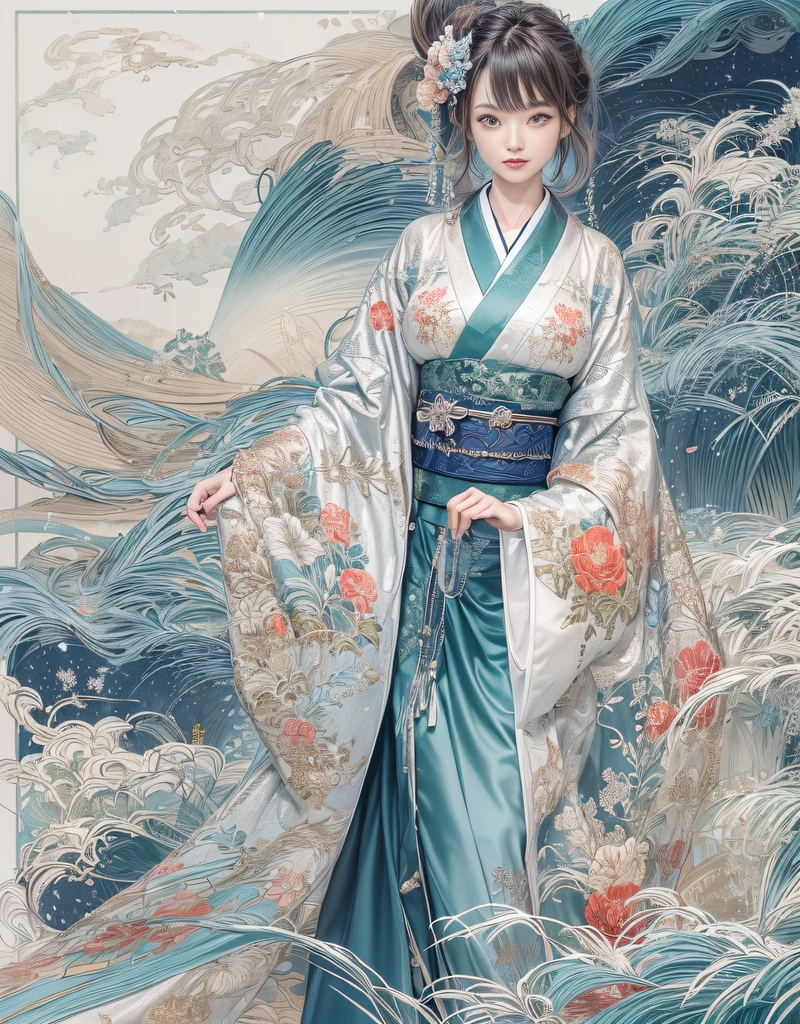(Beautiful model in Japanese kimono commercial), (solo), ((face is 80% beauty and elegance, 20% pretty and cute:1.5)), (Her roots are in Eastern Europe and Asia), clear eyes, (detailed eyes, light brown eyes, bright pupils), Double Eyelids, (sexy lips with a little thickness:1.2), super detailed and incredibly high resolution Kimono, Highly Detailed Face Texture, striking body shape, curvy and very attractive woman, high-resolution RAW color photo pro photo, BREAK ultra high-resolution textures, High-res body rendering, big eyes, unparalleled masterpiece, incredible high resolution, super detailed, stunning ceramic skin, BREAK (Wearing a shiny silver kimono of the Rimpa school with lots of Rinpa silver colors), (The main color is Rinpa shiny silver, with a gradation from black to silver from the hem side to the collar), (elaborately made classical Japanese shiny silver Kimono), ((The embroidery patterns are Japanese dragon, clouds, mountains, and rivers)), (Elegant and elaborately made lapis lazuli color obi), ((shiny silver Kimono with elaborate and elegant embroidery)), (The background is a night scene with a little snow falling) BREAK ((Best Quality, 8k)), Crisp Focus:1.2, (Layer Cut, Big:1.2), (Beautiful Woman with Perfect Figure:1.4), (Beautifully shaped and big breasts:1.3), Slender waist, (Correct hand shape:1.5), (Full body shot | cowboy shot | back view)