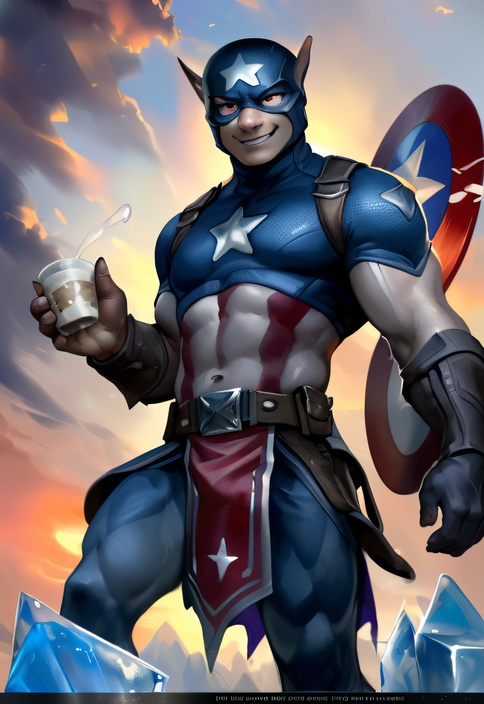 masterpiece, high quality, absurd res, digital painting \(artwork\), solo, captain america, holding a cup of milk tea, ice, (waving at viewer), smile, sunset, loincloth, by (by Pino Daeni, (by ruaidri), yupa, kiyosan), white background, anime, (dark shadows, wide dynamic range, hdr, high light:1.2).