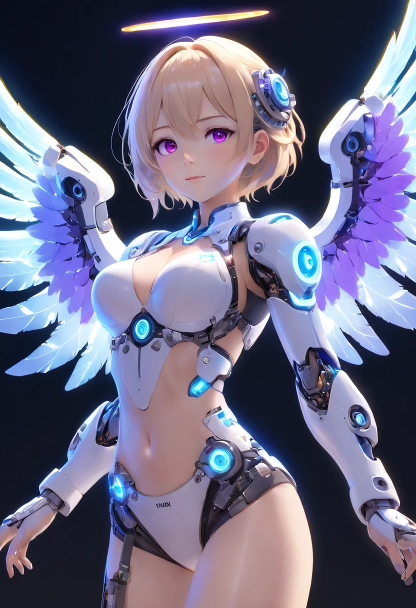 Create a bot、The gesture of the arrival of the angel、Suspended in mid-air、facing at camera、Complete body，in a panoramic view、12 to , With a charming smile, Trigger people's emotions, When you see him, top-quality、tmasterpiece、超A high resolution、(Photorealsitic:1.4)、RAW photo、Steampunk robot angel、Large wing made of metal、White porcelain body、whaite hair、glowy skin、Cyborg girl、((Super realistic details))、porate、The mechanical technology background evokes the aura of time，The gears are constantly spinning behind it、globalillumination、black shadows、octan render、8K、ultrasharp、Character edge light,Colossal tits、Raw skin is exposed in cleavage、Details of complex ornaments、Acrylic transparent cover、Sumerian details、Hydraulic cylinder、small led lights、highly intricate detail、Realistic light、a purple eye、Radiant eyes、Facing the camera、neon light detail、cow boy shot、Futuristic headgear、Floor plan about the《cyber punk perssonage》、Extra meticulous、future-tech、Faraway view、Full body photo、