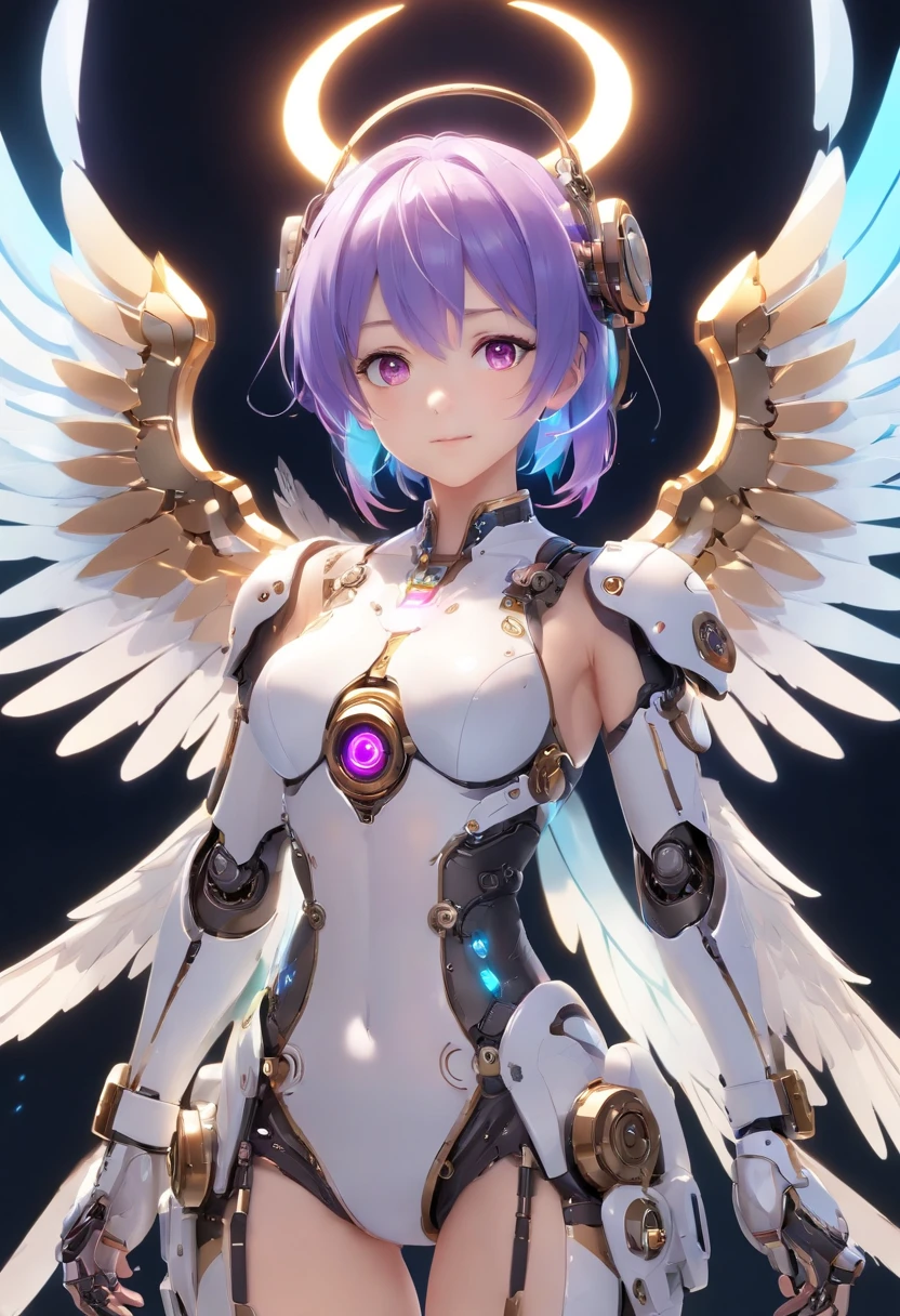 Create a bot、The gesture of the arrival of the angel、Suspended in mid-air、facing at camera、Complete body,in a panoramic view、12 to , With a charming smile, Trigger people's emotions, When you see him, top-quality、tmasterpiece、超A high resolution、(Photorealsitic:1.4)、RAW photo、Steampunk robot angel、Large wing made of metal、White porcelain body、whaite hair、glowy skin、Cyborg girl、((Super realistic details))、porate、The mechanical technology background evokes the aura of time,The gears are constantly spinning behind it、globalillumination、black shadows、octan render、8K、ultrasharp、Character edge light,Colossal tits、Raw skin is exposed in cleavage、Details of complex ornaments、Acrylic transparent cover、Sumerian details、Hydraulic cylinder、small led lights、highly intricate detail、Realistic light、a purple eye、Radiant eyes、Facing the camera、neon light detail、cow boy shot、Futuristic headgear、Floor plan about the《cyber punk perssonage》、Extra meticulous、future-tech、Faraway view、Full body photo、
