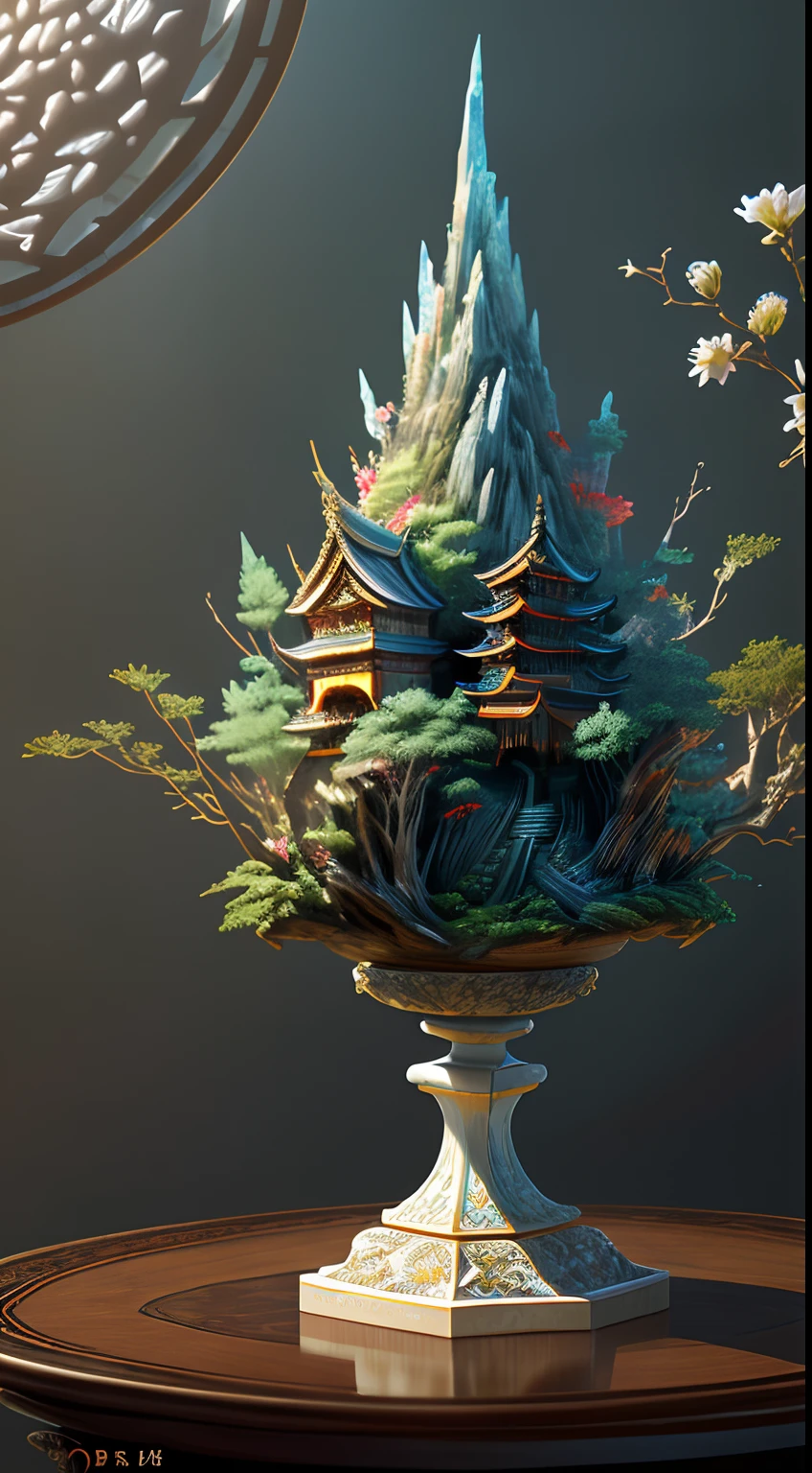 best quality, realistic, photorealistic,  ultra detailed, "Mountain of Flower and Fruit+Fairy+Chinese Architecture" highly detailed carving on "southern ice" porcelain,Ultra wide angle,Accent Lighting,Volumetric Lighting,backlighting, (detailed light),((an extremely delicate and beautiful)),dramatic_shadow,ray_tracing,hdr