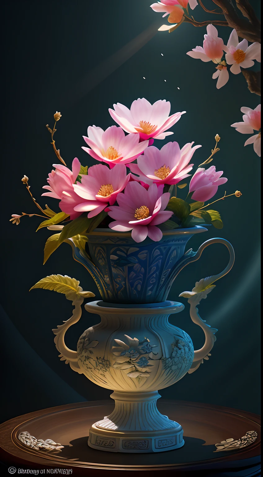 best quality, realistic, photorealistic, ultra detailed, "Mountain of Flower and Fruit+Fairy+Chinese Architecture" highly detailed carving on "southern ice" porcelain,Ultra wide angle,Accent Lighting,Volumetric Lighting,backlighting, (detailed light),((an extremely delicate and beautiful)),dramatic_shadow,ray_tracing,hdr