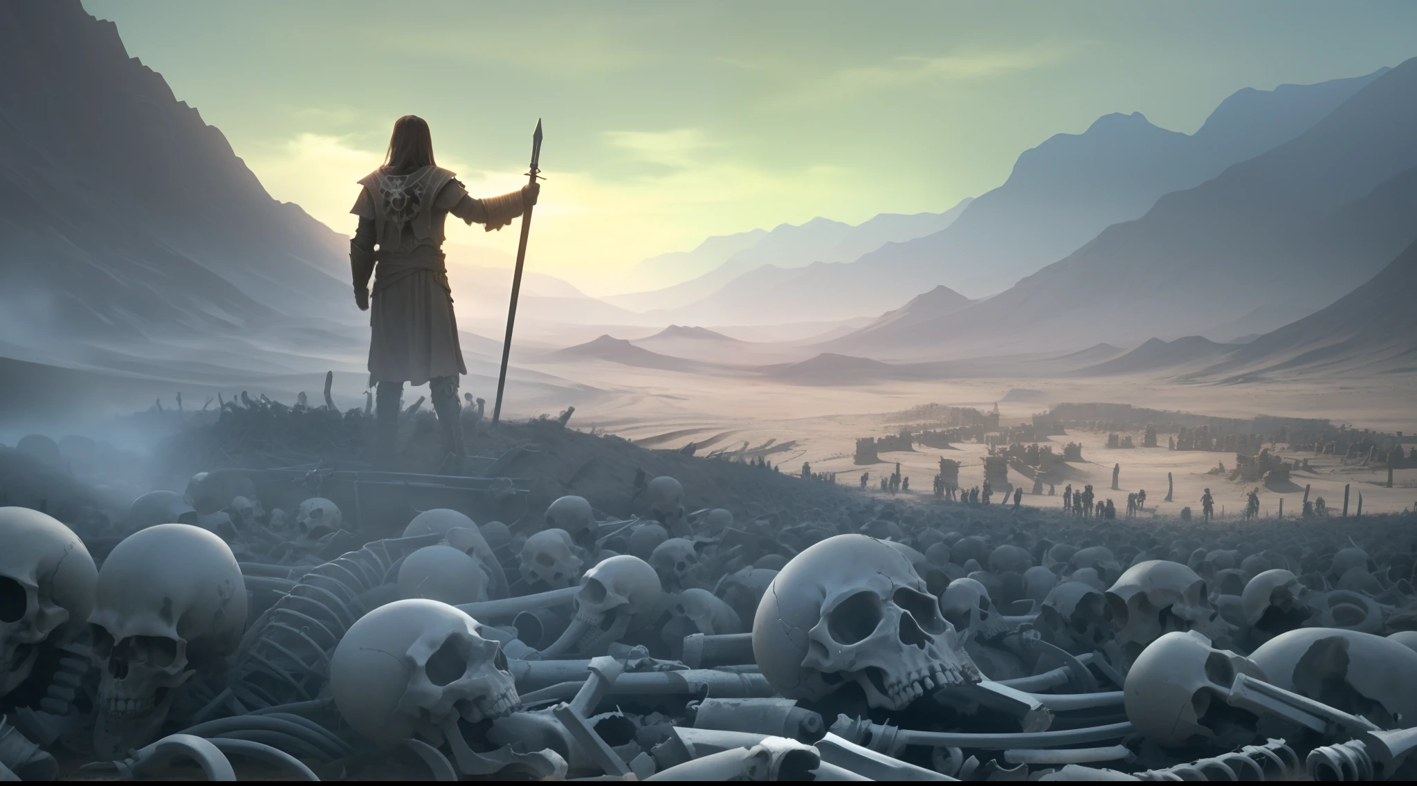 An image of a person, standing in a field of skeletons, Biblical Epic Film, Dug stanat creepy art, Epic biblical depiction, Apocalyptic art, Apocalyptic fantasy, Апокалиптический 8k, Apocalyptic 8k., ( apocalyptic ) 8 k, Jesus Christ is the killer of fate, Life after the plague, The Art of the Apocalypse, Desert Valley of Bones, matte painting”