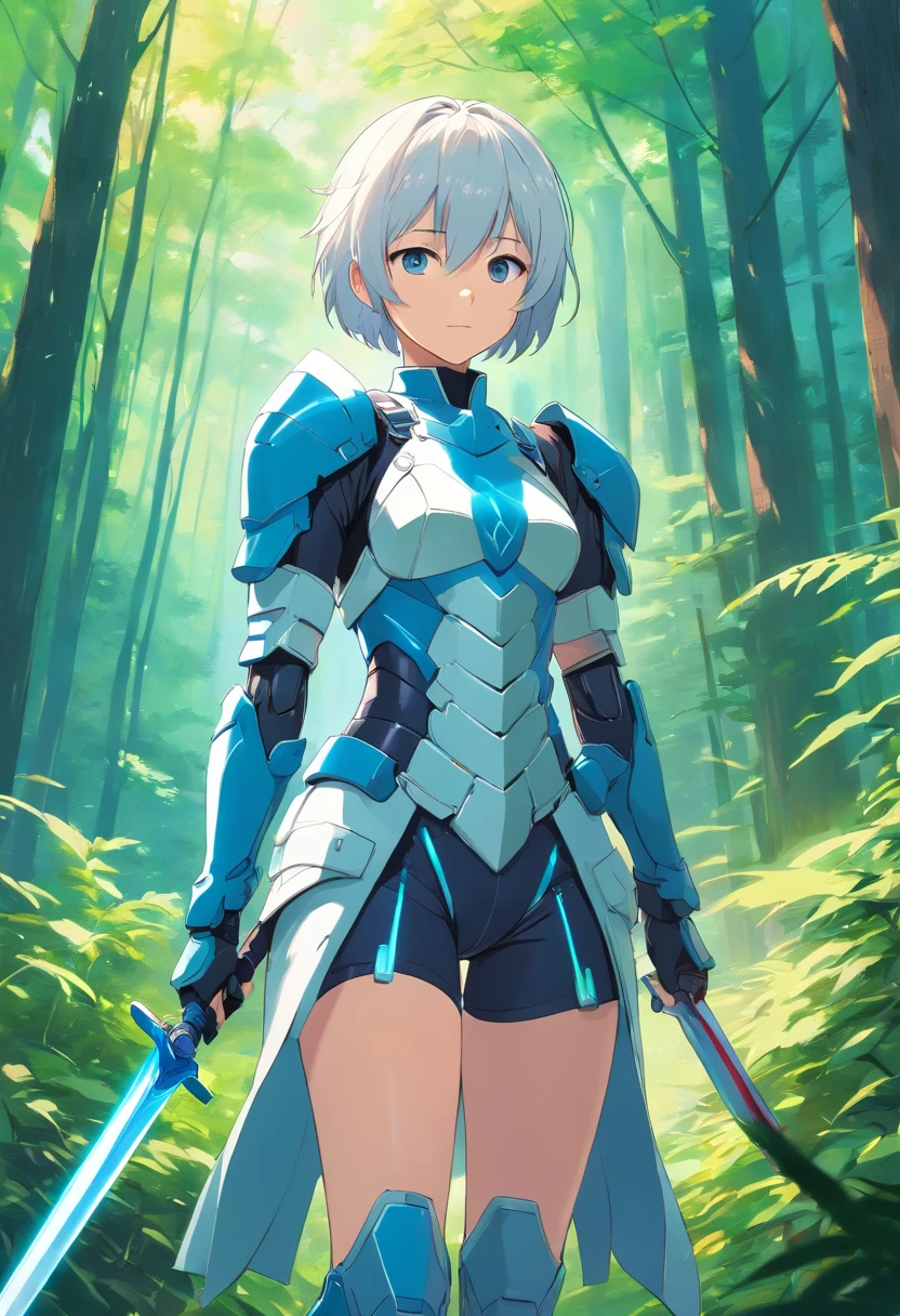 short white-haired girl in full body armor, holding a longsword on the right side of her hand, mit blauen Augen und einem leeren, emotionslosen Blick  (ultra realistisch:1.5), (Stehen im Wald:1.2), (Nahaufnahme Foto:1.5)  (kompliziert:1.2), (Blick in die Kamera:1.2), (best quality:1.2),