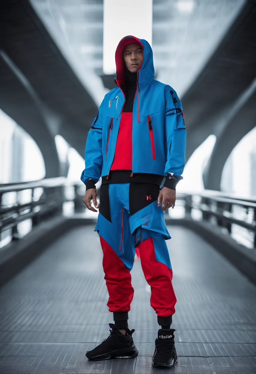 Spirit guys,Dynamic,workout,Desportivo,Basketball shoes,Red beach pants,Blue T-shirt,with blue sky and white clouds,Masterpiece details