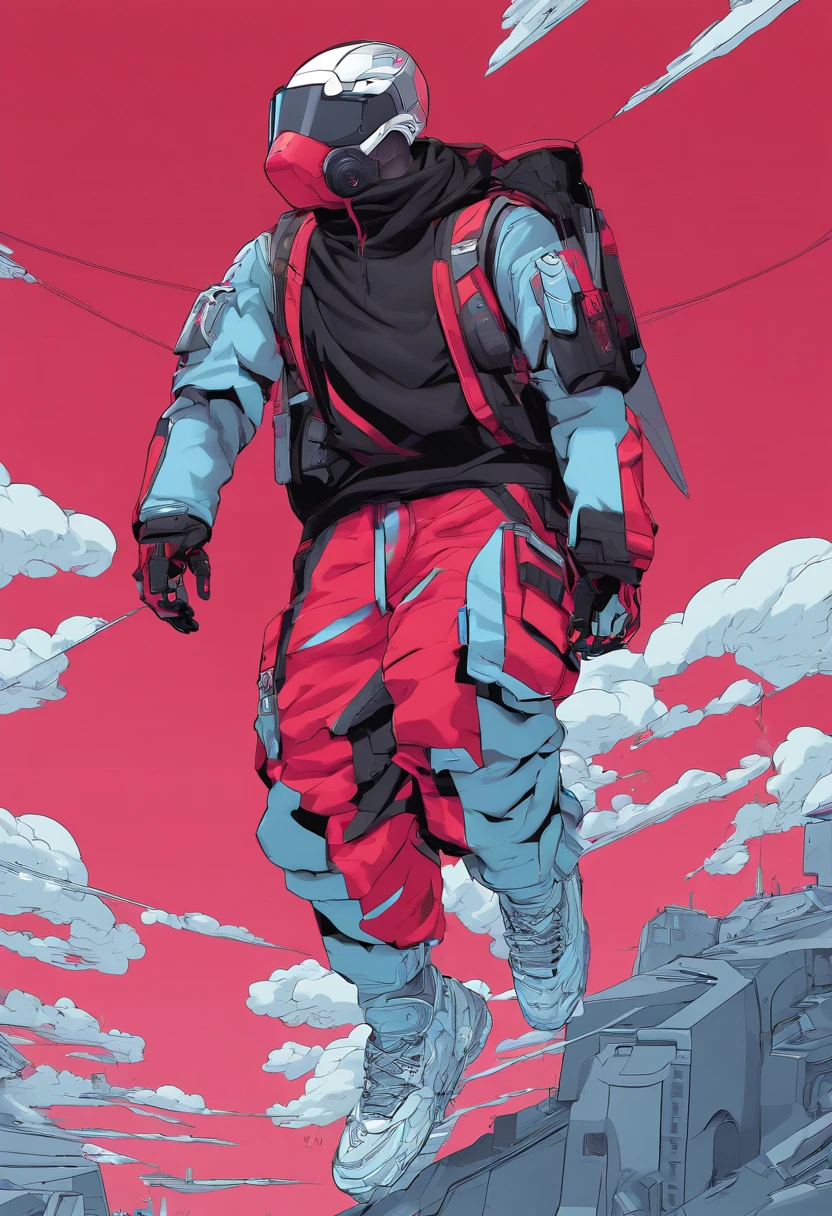 Spirit guys,Dynamic,workout,Desportivo,Basketball shoes,Red beach pants,Blue T-shirt,with blue sky and white clouds,Masterpiece details
