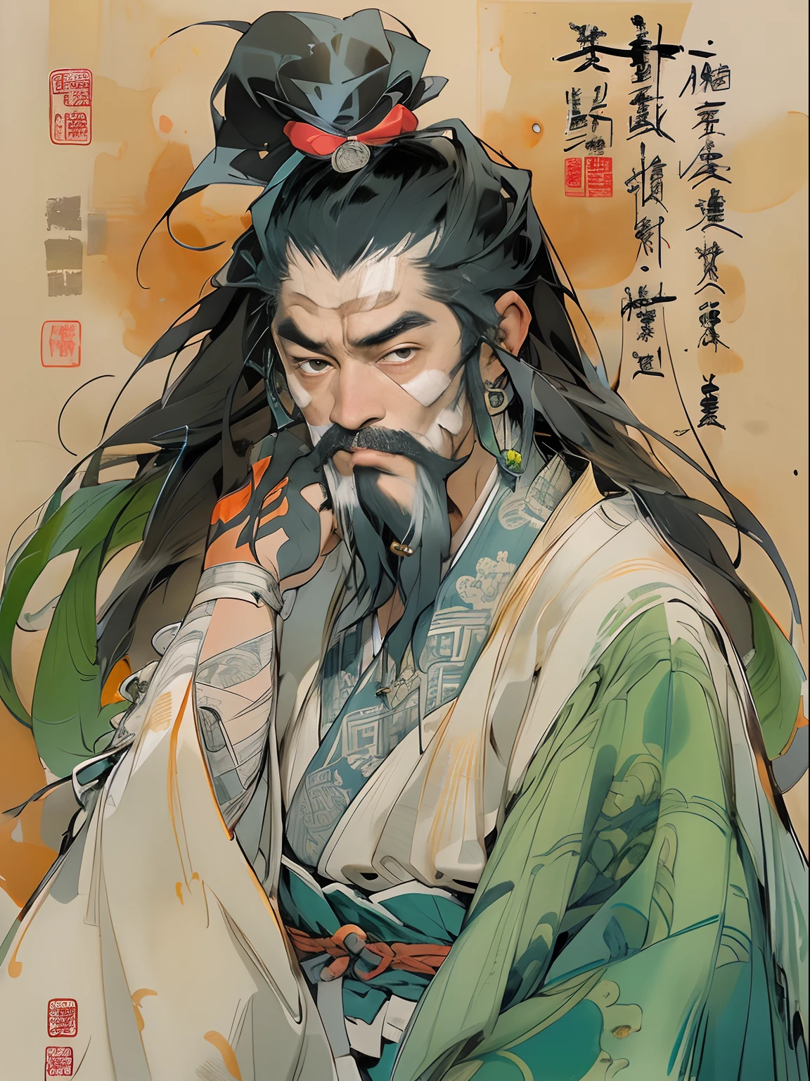 (((China-style,Ink painting method,Half-length portrait,Intense color,Han dynasty, China,Hanfu,Armor,Guan yu,Guan Yunchang,of a guy,Ruddy killing square face,Hold the Blue Dragon Moon Knife in his right hand,Stroke your beard with your left hand,Long hair,petty eyes,Green robe))), (((best qualityer))), (((tmasterpiece))), (((AS-Adult))), ((( Japanese ))), Look up from your knees, Handsome Asian samurai,perfect body figure, Modern samurai, ((( Asian))), Wear gloves on your hands,The left arm is made of steel and metal tips,Made of protective devices, The eyes are pulled, (( Appears below the chest )), (( Small dental floss )), Simon Bisley, Almost naked(Simon Bisley)Castle City Wilderness,For high-resolution posters, hair straight, Minimum clothing, armure (Crazy clothes ), Full of tips and rivets, tribal tattoos, (((full bodyesbian))), Straight brunette hair,Colored hair ends