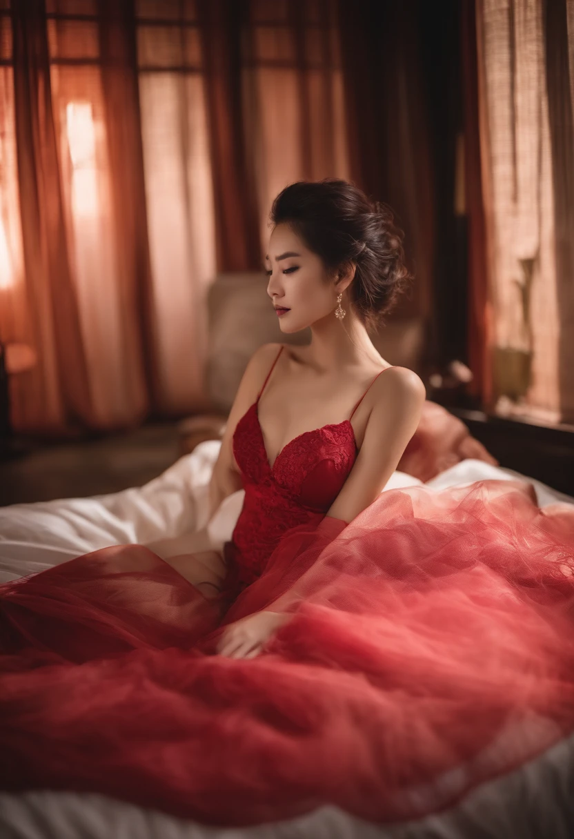 Mulher japonesa deitada em uma cama apenas de lingerie com seios grandes e sorrindo