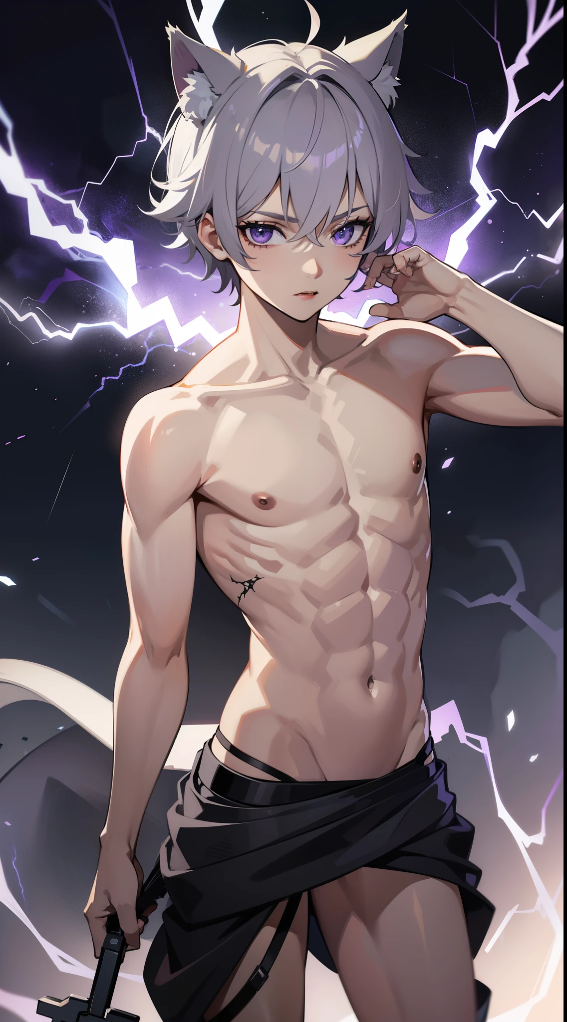 young boy, Gray tousled hair, violet eyes, cat ears, Lots of scars, Lots of lightning strikes, open torso, Body straps, Sleeveless, white kimono, Masterpiece, hiquality, high detail, HD, 4k