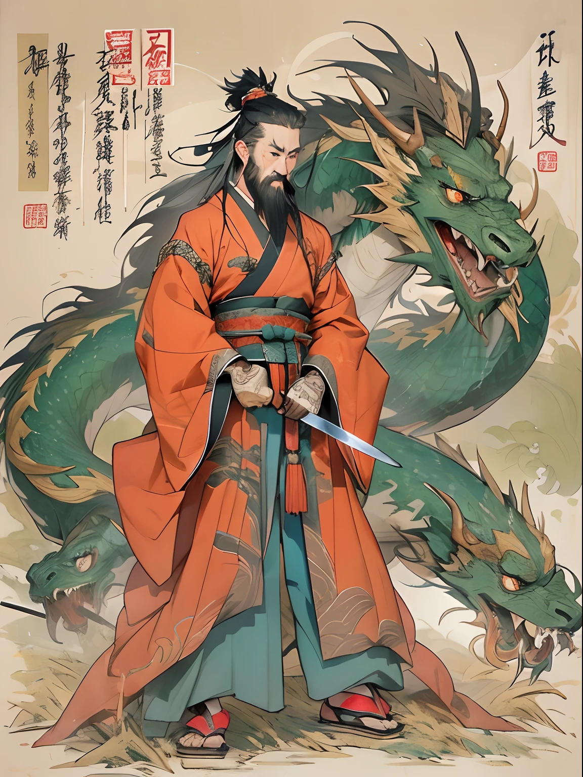 (((China-style,Ink painting method,Half-length portrait,Intense color,Han dynasty, China,Hanfu,Armor,Guan yu,Guan Yunchang,of a guy,Ruddy killing square face,Hold the Blue Dragon Moon Knife in his right hand,Stroke your beard with your left hand,Long hair,petty eyes,Green robe))), (((best qualityer))), (((tmasterpiece))), (((AS-Adult))), ((( Japanese ))), Look up from your knees, Handsome Asian samurai,perfect body figure, Modern samurai, ((( Asian))), Wear gloves on your hands,The left arm is made of steel and metal tips,Made of protective devices, The eyes are pulled, (( Appears below the chest )), (( Small dental floss )), Simon Bisley, Almost naked(Simon Bisley)Castle City Wilderness,For high-resolution posters, hair straight, Minimum clothing, armure (Crazy clothes ), Full of tips and rivets, tribal tattoos, (((full bodyesbian))), Straight brunette hair,Colored hair ends