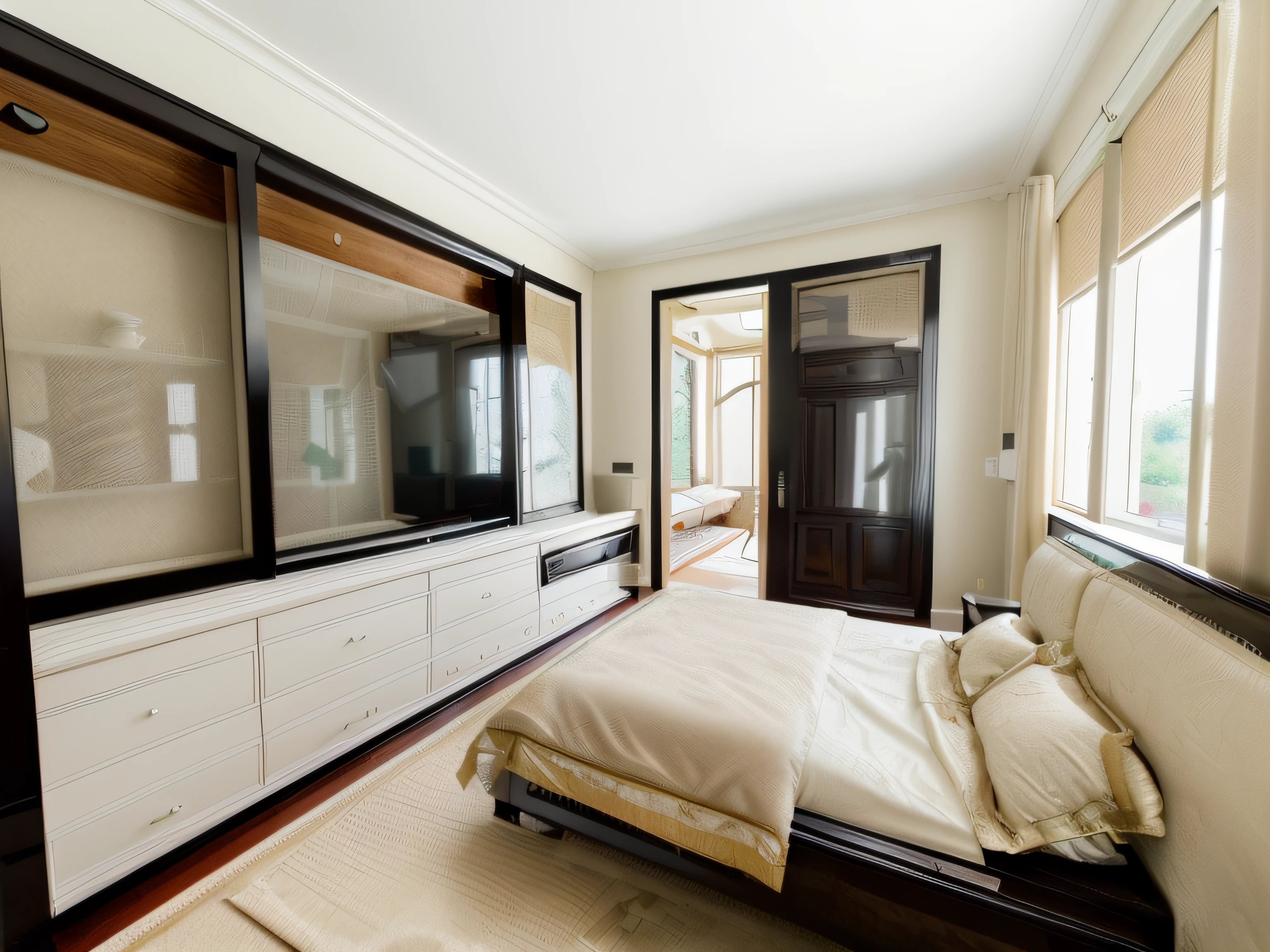 RAW photo, Masterpiece, high quality, best quality, authentic, super detailed, glossy indochina black furniture), carpet, shelf tv, 1 solid wood door:1.4,((laminated plaster,))), day light)), natural light fromt glass door, archdaily architecture, (high detail: 1.2), 8k uhd, dslr, soft light, high quality, film grain, Fujifilm XT3, bed room, well arranged livable space, homy, Traditional design, crown holding, emphasis on on symmetry and order, classic decor elements, chandeliers and bookcases, neutral colour schemes with pops of bold colours, jewel tones
