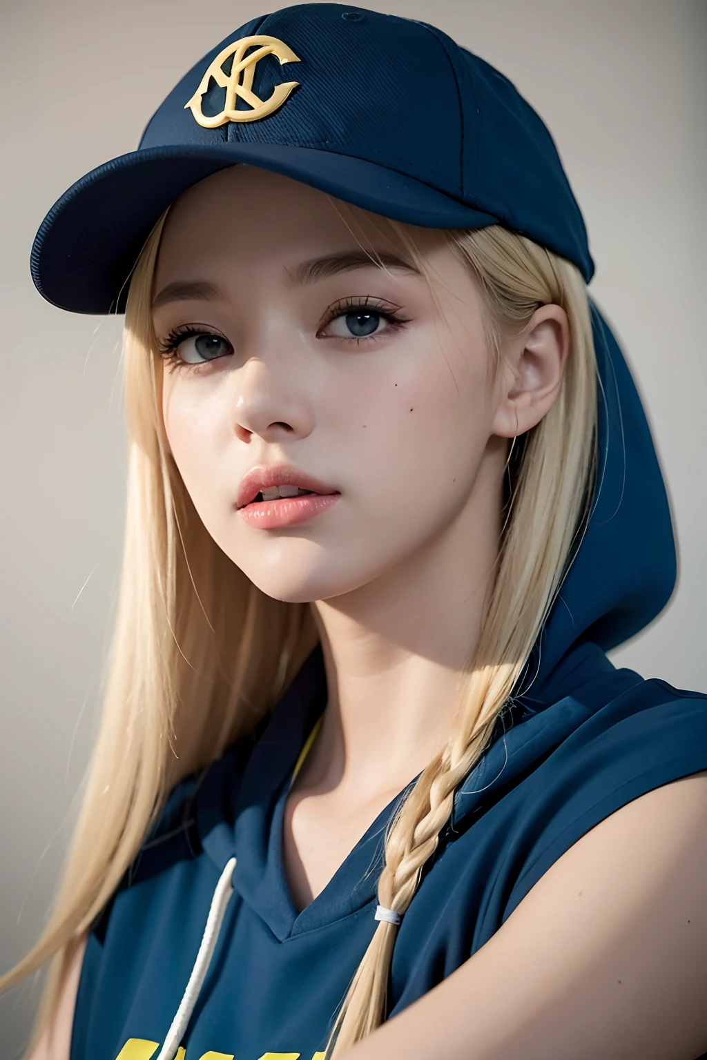 top-quality、​masterpiece、超A high resolution、(Photorealsitic:1.4)、Raw photo、1girl in、blonde  hair、blue eyess、Eyes and faces with detailed、Yellow-green jersey、Black hood、Wearing a baseball cap、动态照明、murky、deep-shadows、sporty、Jersey up and down