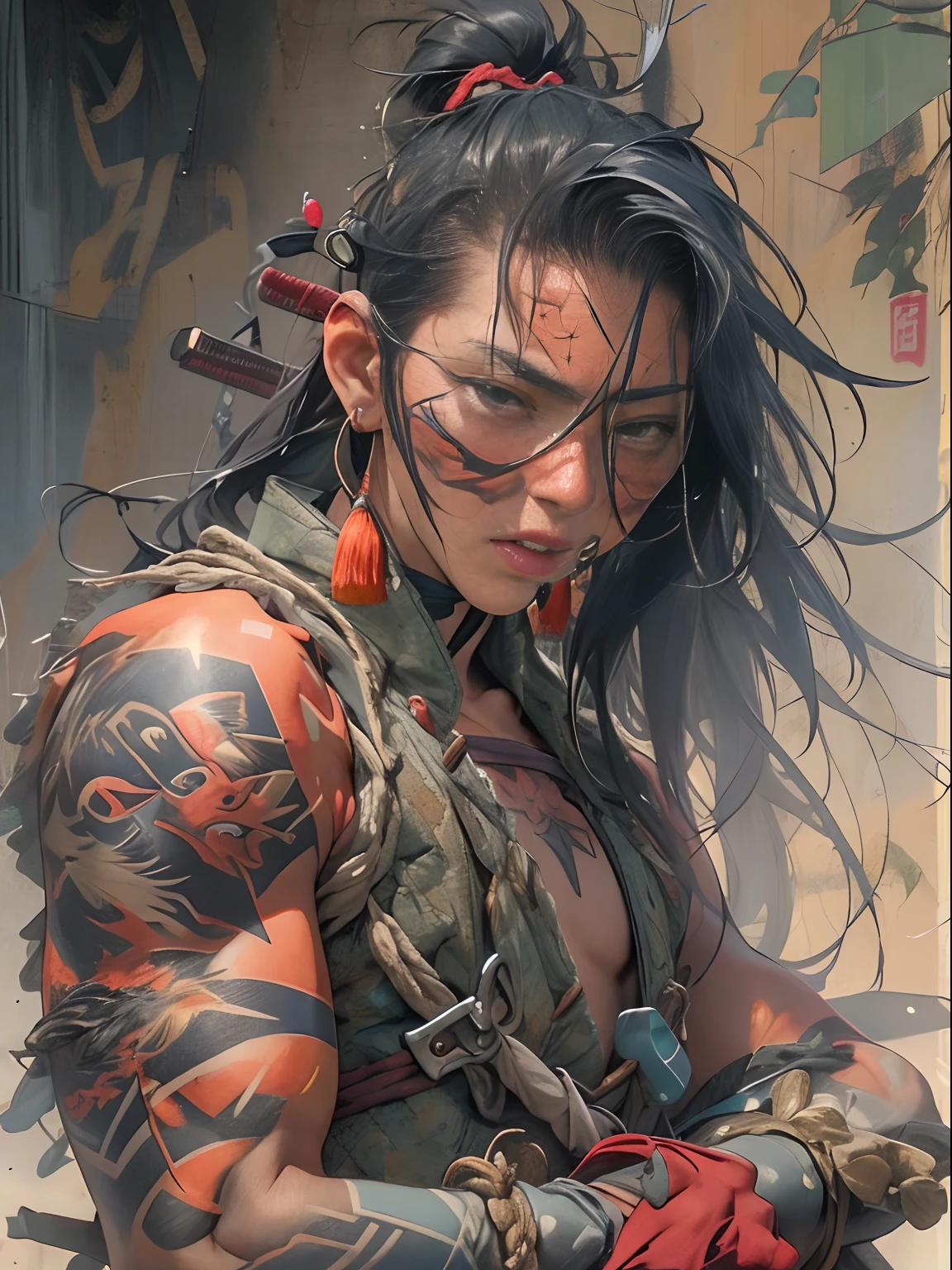 um desenho de um samurai com uma espada e flores, tatuagens de desenho de linha, tatuagem de gueixa, inspired by Shunkōsai Hokushū, female samurai, inspired by Ryūkōsai Jokei, inspired by Kawanabe Kyōsai, bela arte de linha, inspired by Kanō Hōgai, japanese warrior