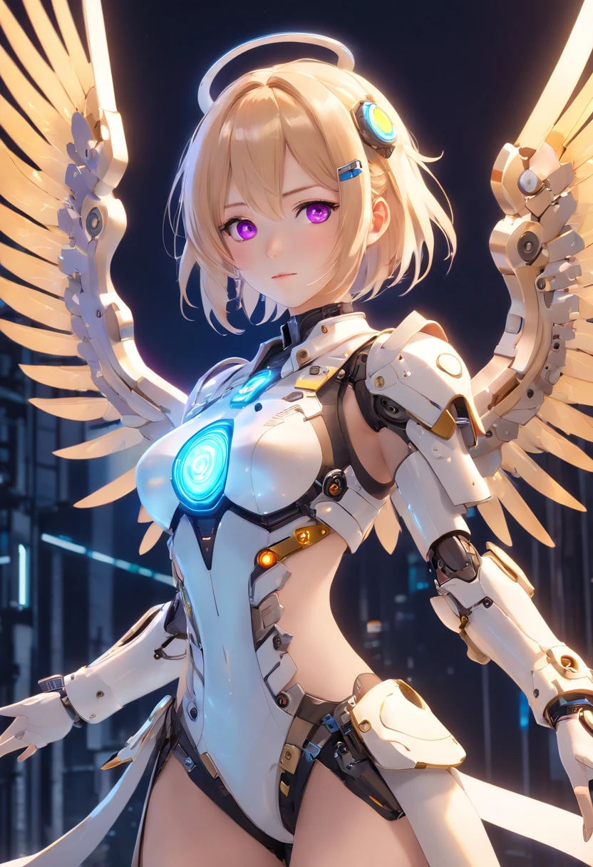 Create a bot、The gesture of the arrival of the angel、Suspended in mid-air、facing at camera、Complete body,in a panoramic view、12 to 16 years old, With a charming smile, Trigger people's emotions, When you see him, top-quality、tmasterpiece、超A high resolution、(Photorealsitic:1.4)、RAW photo、Steampunk robot angel、Large wing made of metal、White porcelain body、whaite hair、glowy skin、Cyborg girl、((Super realistic details))、porate、The mechanical technology background evokes the aura of time,The gears are constantly spinning behind it、globalillumination、black shadows、octan render、8K、ultrasharp、Character edge light,Colossal tits、Raw skin is exposed in cleavage、Details of complex ornaments、Acrylic transparent cover、Sumerian details、Hydraulic cylinder、small led lights、highly intricate detail、Realistic light、a purple eye、Radiant eyes、Facing the camera、neon light detail、cow boy shot、Futuristic headgear、Floor plan about the《cyber punk perssonage》、Extra meticulous、future-tech、Faraway view、Full body photo、