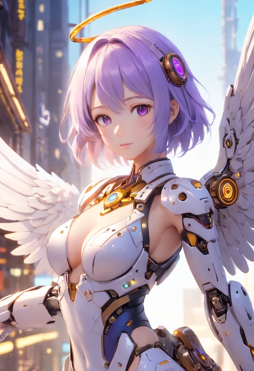 Create a bot、The gesture of the arrival of the angel、Suspended in mid-air、facing at camera、Complete body,in a panoramic view、12 to 16 years old, With a charming smile, Trigger people's emotions, When you see him, top-quality、tmasterpiece、超A high resolution、(Photorealsitic:1.4)、RAW photo、Steampunk robot angel、Large wing made of metal、White porcelain body、whaite hair、glowy skin、Cyborg girl、((Super realistic details))、porate、The mechanical technology background evokes the aura of time,The gears are constantly spinning behind it、globalillumination、black shadows、octan render、8K、ultrasharp、Character edge light,Colossal tits、Raw skin is exposed in cleavage、Details of complex ornaments、Acrylic transparent cover、Sumerian details、Hydraulic cylinder、small led lights、highly intricate detail、Realistic light、a purple eye、Radiant eyes、Facing the camera、neon light detail、cow boy shot、Futuristic headgear、Floor plan about the《cyber punk perssonage》、Extra meticulous、future-tech、Faraway view、Full body photo、