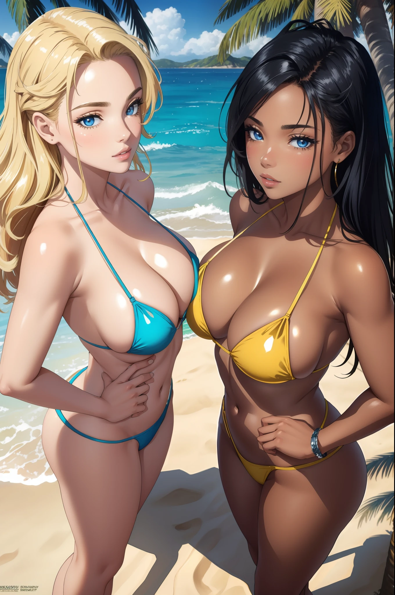 8k,masterpiece, bset quality,big, (2 girls), threesome, shiny skin, shiny big, ((best quality)), micro bikini, colorful, group photo, clear focus: 1.2, highly detailed face and skin texture, detailed eyes, caucasian, perfect face, perfect body, art, cg, blur background, beach, sun, sand, trees, from above,