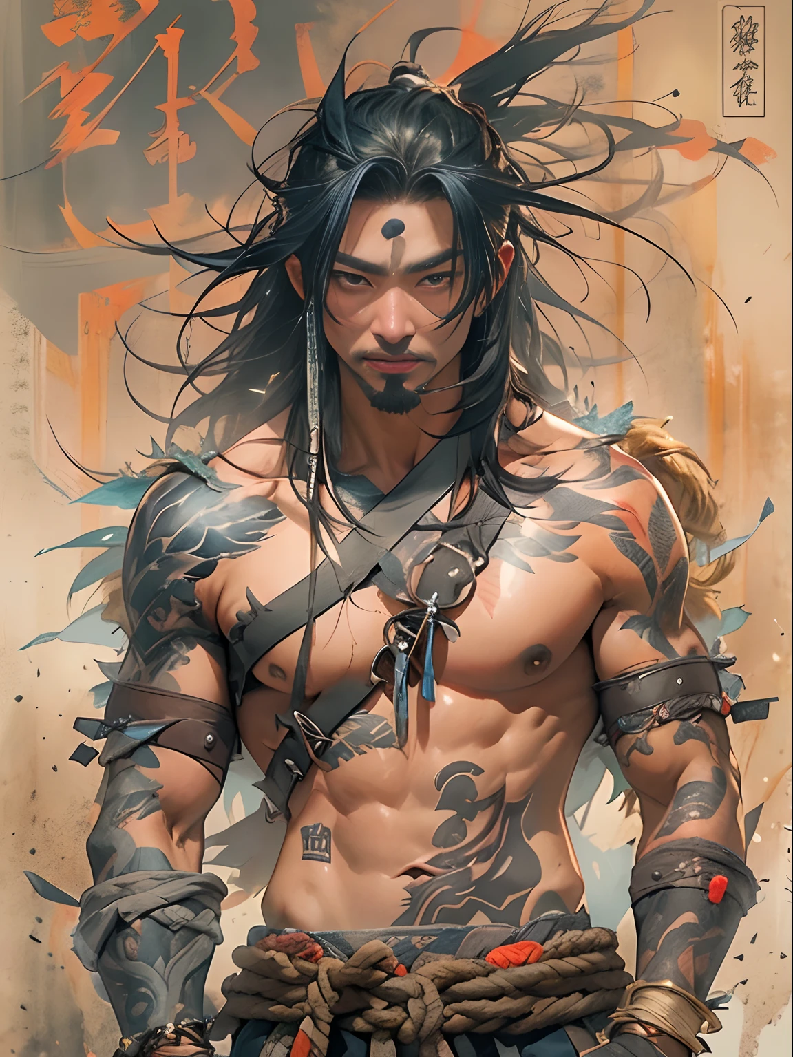 best quality, 4K, illustration, (1boy:1.5),(anime:1.2),(big nipple:1.2),(male:1.5),(juvenile:1.5),(young:1.5), with a Chinese dragon horn on the head, earrings on the ears, bracelets on the wrists, (metal ankle rings on the ankles: 0.8), ancient China style, ( upper body:1.2), (bare shoulder:0.8), long hair, (fair skin:1.5), dance moves, Pertty boy, (black hair:0.8)