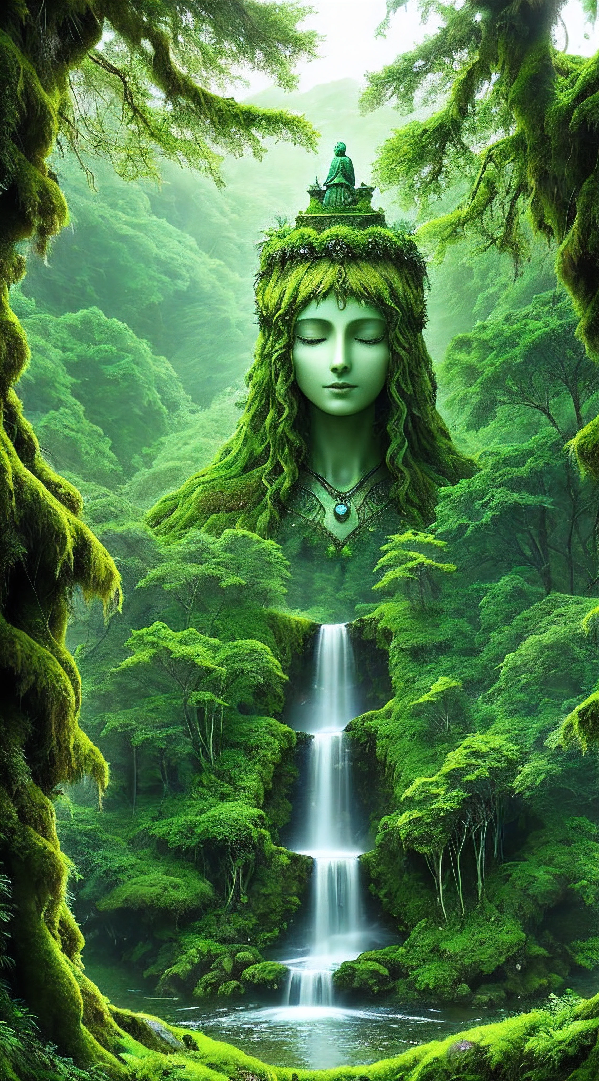 High mountains and flowing water，The mossy statue of the goddess of nature sleeps on the hill，Movie special effects，Green Mountains and Green Water，ln the forest，Except for the face，vine，Almost her entire body was assimilated, tree branch, Wrapped in trees, and part of the forest as well as trees. All her clothes were covered with moss，Bird view，Dreamism，Green