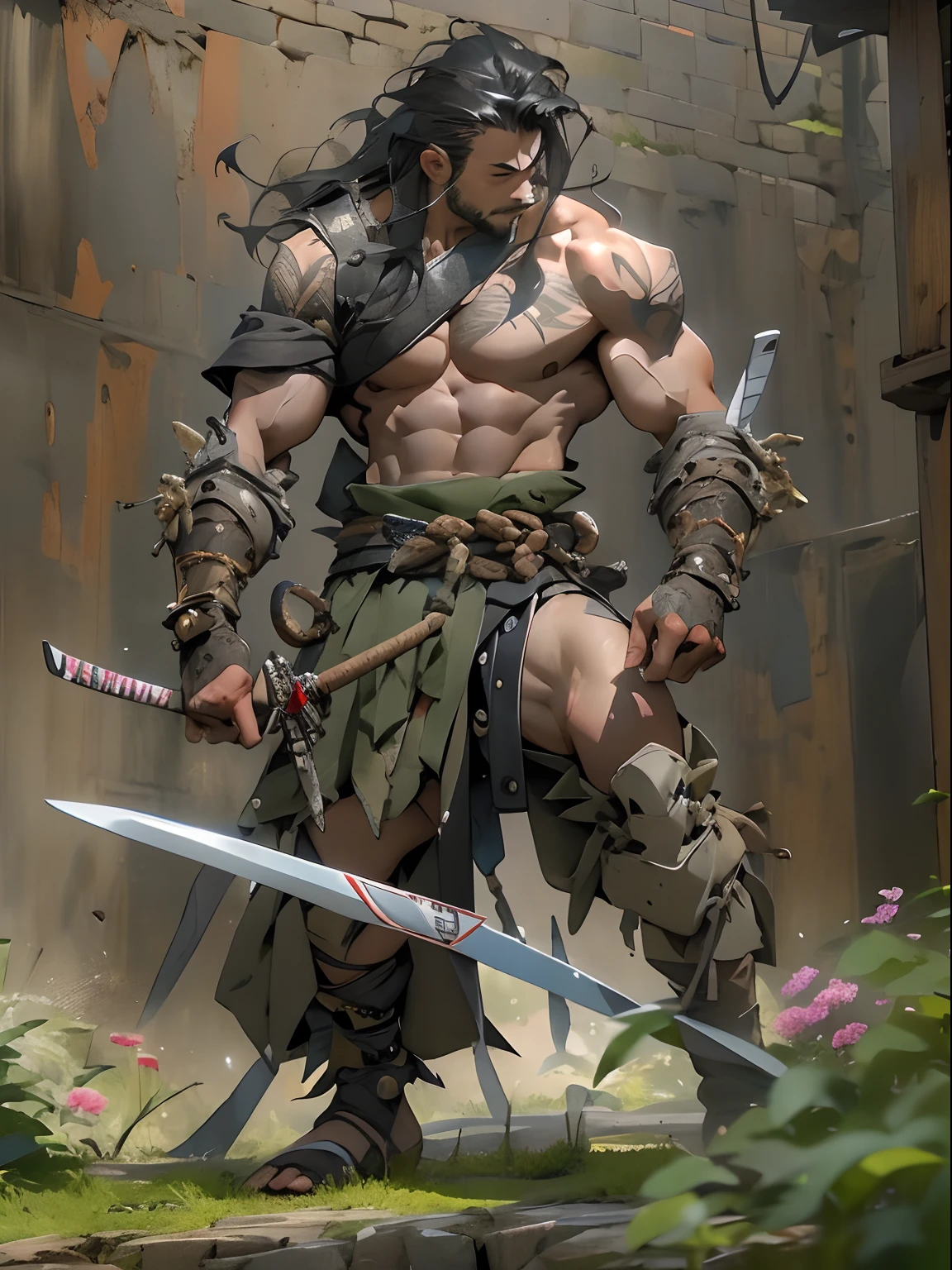 (((mtu))), (((best qualityer))), (((tmasterpiece))), (((AS-Adult))), ((( Japanese ))), Look up from your knees, Handsome Asian samurai,perfect body figure, Modern samurai, ((( Asian))), Wear gloves on your hands,The left arm is made of steel and metal tips,Made of protective devices, The eyes are pulled, (( Appears below the chest )), (( Small dental floss )), Simon Bisley, Almost naked(Simon Bisley)Castle City Wilderness,For high-resolution posters, hair straight, Minimum clothing, armure (Crazy clothes ), Full of tips and rivets, tribal tattoos, (((full bodyesbian))), Straight brunette hair,Colored hair ends