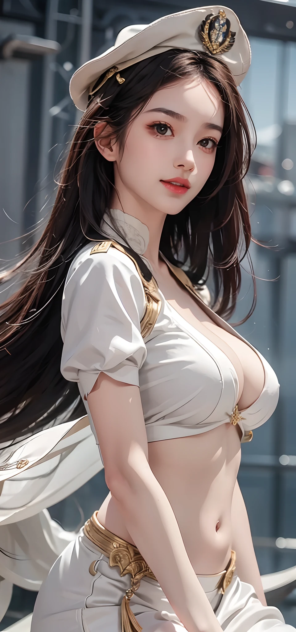 Kizi， an Quority， top-quality， big breasts beautiful， prette， The sheen，On warships， tmasterpiece，white naval uniform， Long black hair，With a military cap，The eyes are sharp and affectionate，A sweet smile，Fighting posture，（（（full armour：1.8））），white colors，（（（detail in face：1.2）））Bigchest，big breasts thin waist，long leges，Bare breasts，Bare lower body，Camel toes