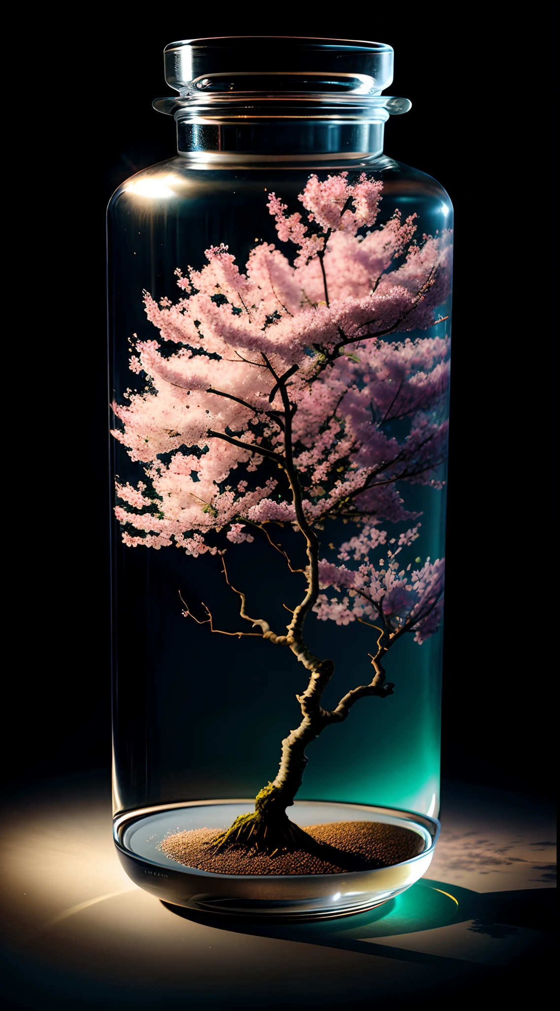 Cherry blossom tree in a bottle, Fluffy, Realistic, Atmospheric light refraction, author:Lee Jeffries Nikon D850 Film Stock Photo 4 Kodaport 400 Camera F1.6 photos Rich colors Ultra-realistic textures Dramatic lighting Unreal Engine trends Art Station Movie Still 800, Style-Glass