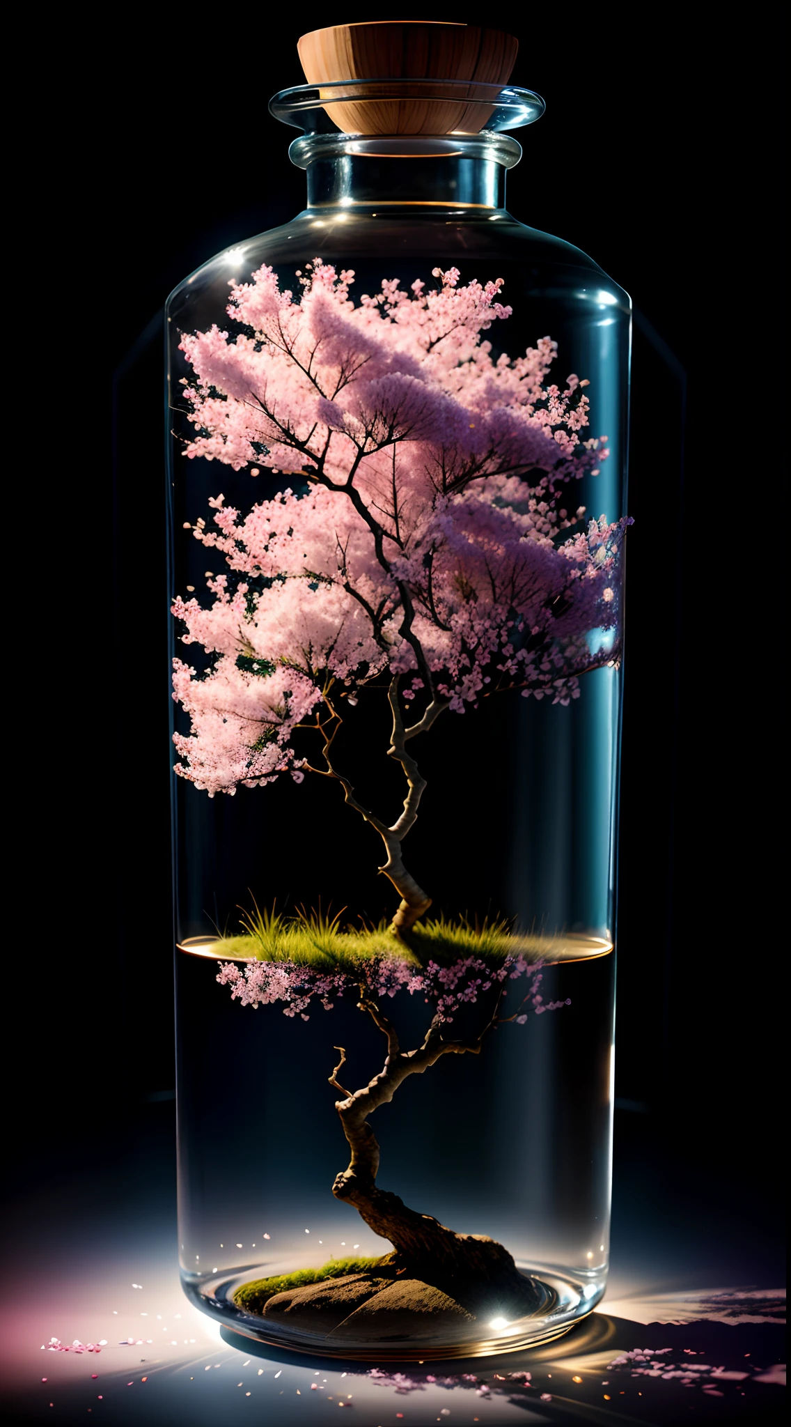 Cherry blossom tree in a bottle, Fluffy, Realistic, Atmospheric light refraction, author:Lee Jeffries Nikon D850 Film Stock Photo 4 Kodaport 400 Camera F1.6 photos Rich colors Ultra-realistic textures Dramatic lighting Unreal Engine trends Art Station Movie Still 800, Style-Glass