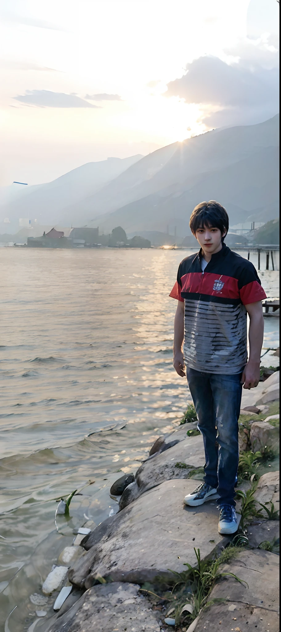 there is a man standing on a rock by the water, lake in the background, in lake, with sunset, standing next to water, at beach at sunset, near a jetty, at the sea, taken with sony alpha 9, taken with the best dlsr camera, at a beautiful sunset, river in the background, taken with canon 8 0 d, during sunset