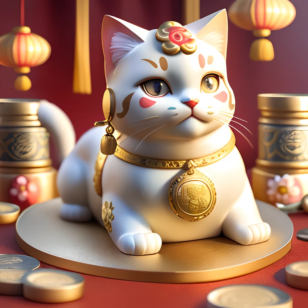 A round-eyed lucky cat, Raised paws, There is no flag or emblem, Traditional style, Lucky charms, auspicious, Detailed fur texture, Vibrant colors, vivid expression, playful pose, Sit on a red cloth, Decorated with a gold pattern, Surrounded by gold coins and ingots, Flowers in the background, Peaceful and convivial atmosphere, Warm lighting. (Best quality,Ultra-detailed,Realistic), Traditional artwork, Chinese big breasts,Logo design