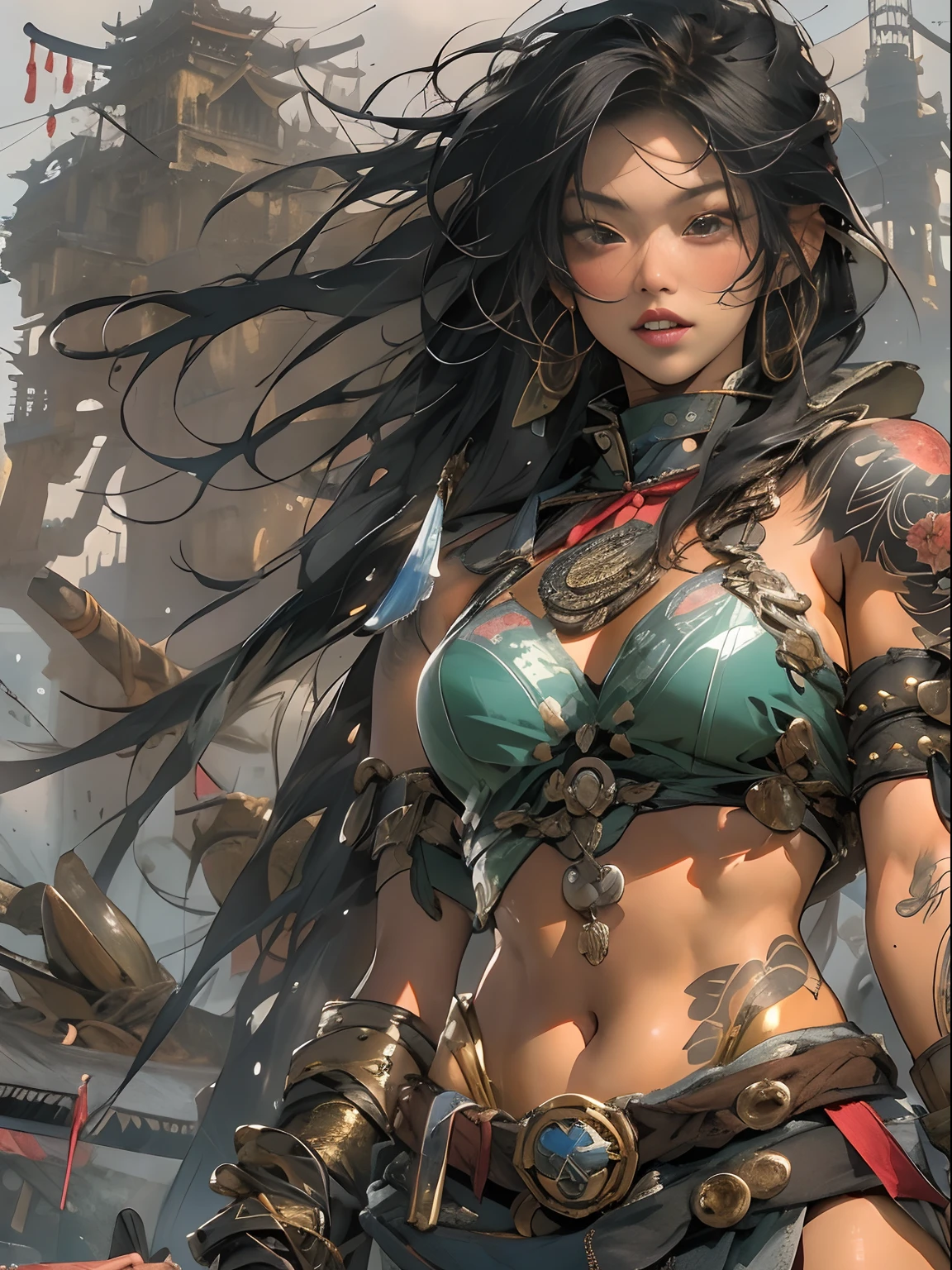 (((woman))), (((best qualityer))), (((tmasterpiece))), (((AS-Adult))), ((( Japanese ))), Look up from your knees, A beautiful asian samurai woman with perfect body, Modern samurai, ((( Asian))), Wear gloves on your hands,The left arm is made of steel and metal tips,Made of protective devices, The eyes are pulled, (( Appears below the breast )), (( Small dental floss )), Simon Bisley, Almost naked(Simon Bisley)Castle City Wilderness,For high-resolution posters, hair straight, Minimum clothing, armure (Crazy clothes ), Full of tips and rivets, tribal tattoos, (((full bodyesbian))), Straight brunette hair,Colored hair ends