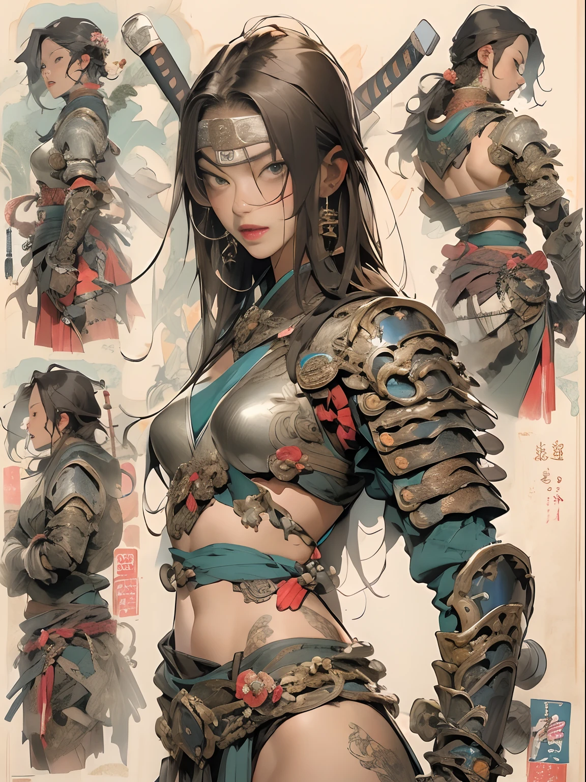 (((woman))), (((best qualityer))), (((tmasterpiece))), (((AS-Adult))), ((( Japanese ))), Look up from your knees, A beautiful asian samurai woman with perfect body, Modern samurai, ((( Asian))), Wear gloves on your hands,The left arm is made of steel and metal tips,Made of protective devices, The eyes are pulled, (( Appears below the breast )), (( Small dental floss )), Simon Bisley, Almost naked(Simon Bisley)Castle City Wilderness,For high-resolution posters, hair straight, Minimum clothing, armure (Crazy clothes ), Full of tips and rivets, tribal tattoos, (((full bodyesbian))), Straight brunette hair,Colored hair ends