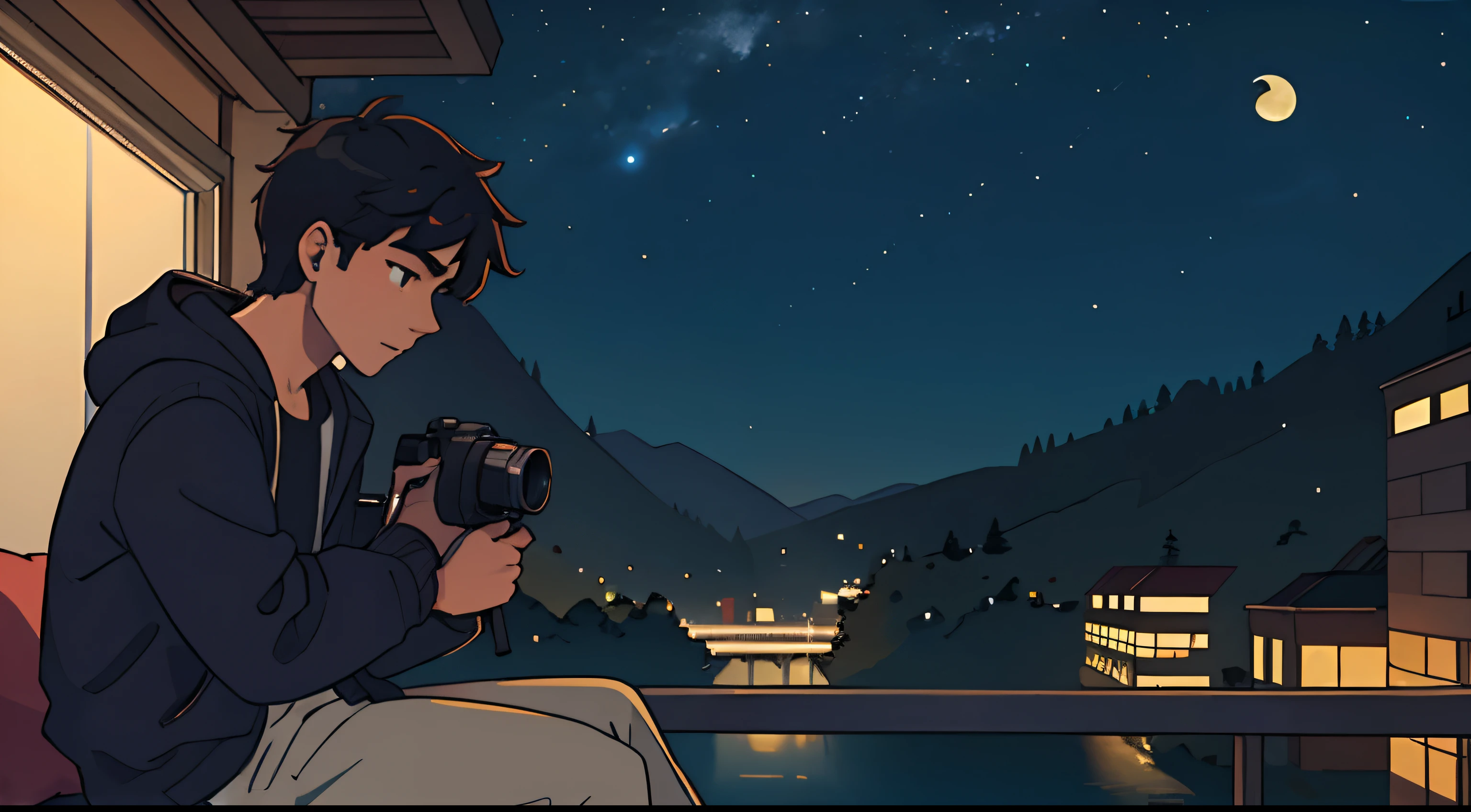 Male college student taking night view with SLR camera