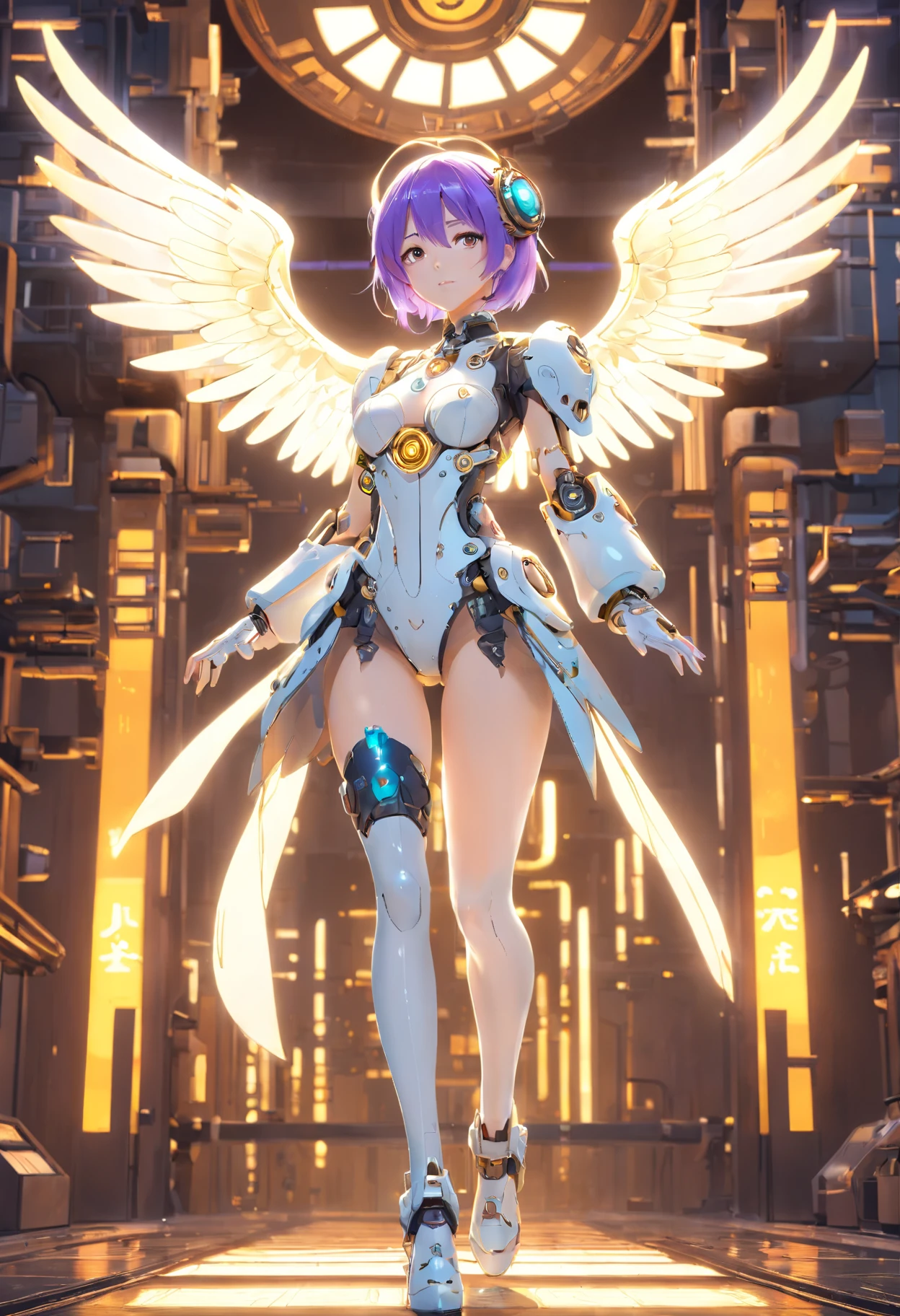Create a bot、The gesture of the arrival of the angel、Suspended in mid-air、facing at camera、Complete body,in a panoramic view、12 to 16 years old, With a charming smile, Trigger people's emotions, When you see him, top-quality、tmasterpiece、超A high resolution、(Photorealsitic:1.4)、RAW photo、Steampunk robot angel、Large wing made of metal、White porcelain body、whaite hair、glowy skin、Cyborg girl、((Super realistic details))、porate、The mechanical technology background evokes the aura of time,The gears are constantly spinning behind it、globalillumination、black shadows、octan render、8K、ultrasharp、Character edge light,Colossal tits、Raw skin is exposed in cleavage、Details of complex ornaments、Acrylic transparent cover、Sumerian details、Hydraulic cylinder、small led lights、highly intricate detail、Realistic light、a purple eye、Radiant eyes、Facing the camera、neon light detail、cow boy shot、Futuristic headgear、Floor plan about the《cyber punk perssonage》、Extra meticulous、future-tech、Faraway view、Full body photo、